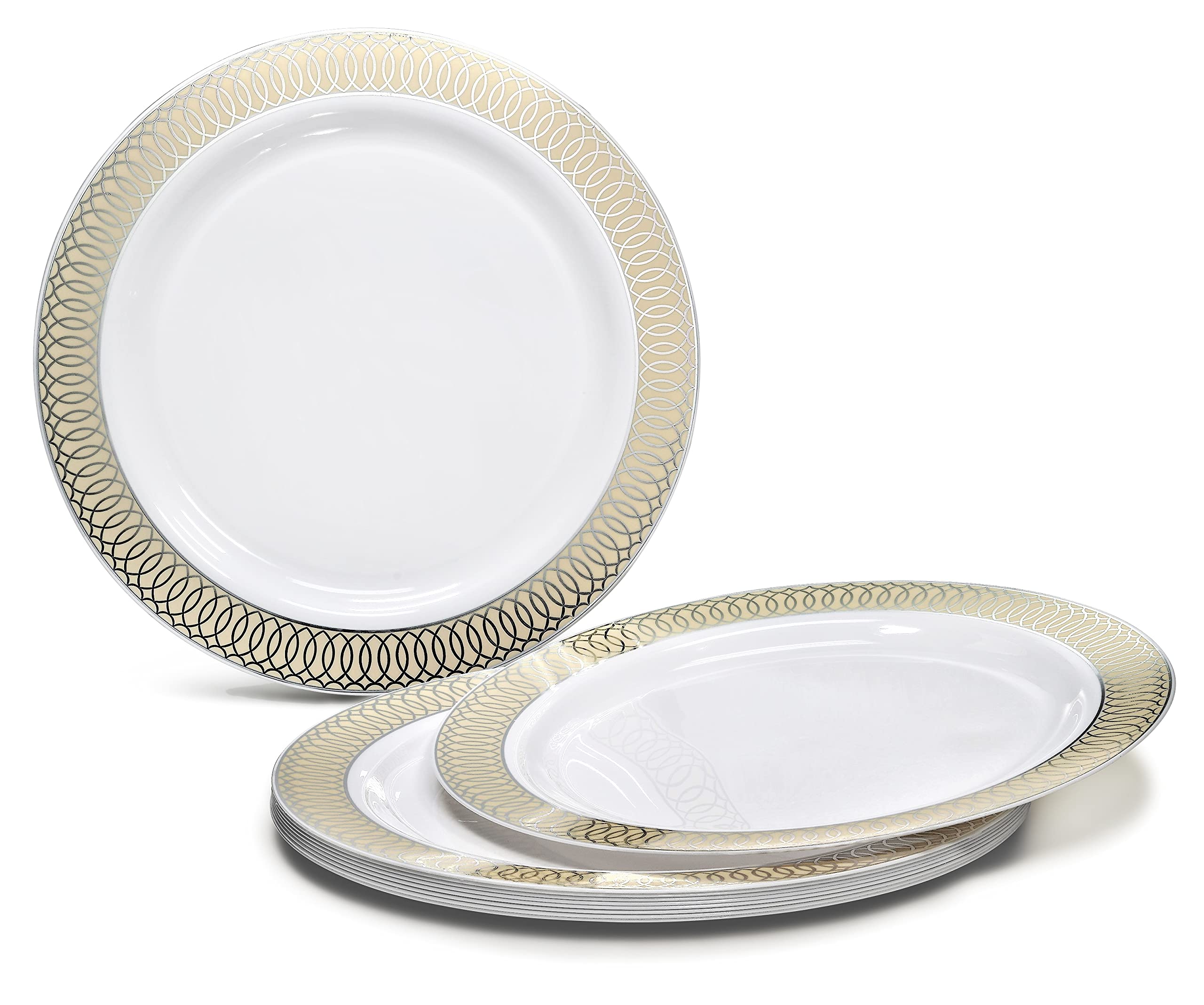 40-Pack Disposable Plastic Plates for Weddings & Parties - 10 Inch Dinner Plates in Elegant White/Ivory & Silver | Perfect for Wedding Receptions, Birthday Parties & Special Events
