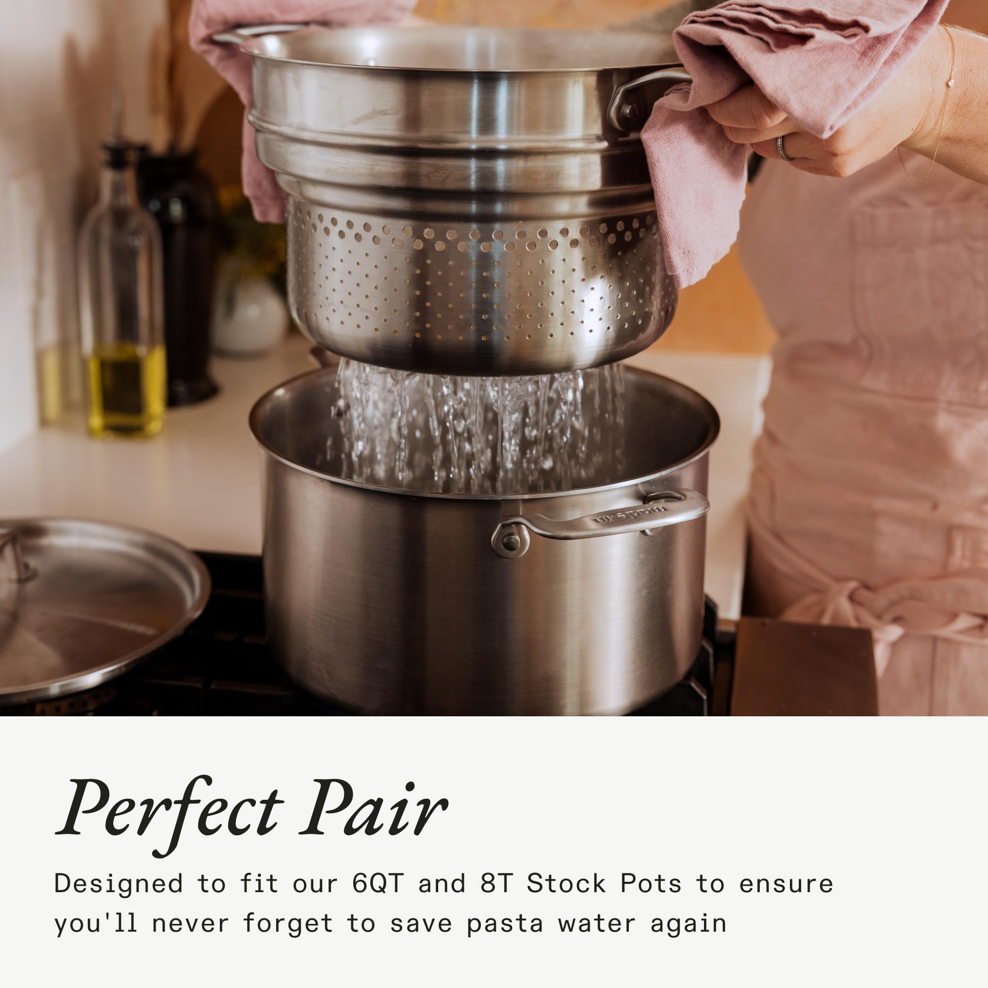 Premium Stainless Steel Pasta Insert for 6 & 8 QT Stock Pots - Professional Cookware Made in Thailand - Perfect for Pasta Cooking, Steaming Vegetables & Meal Prep