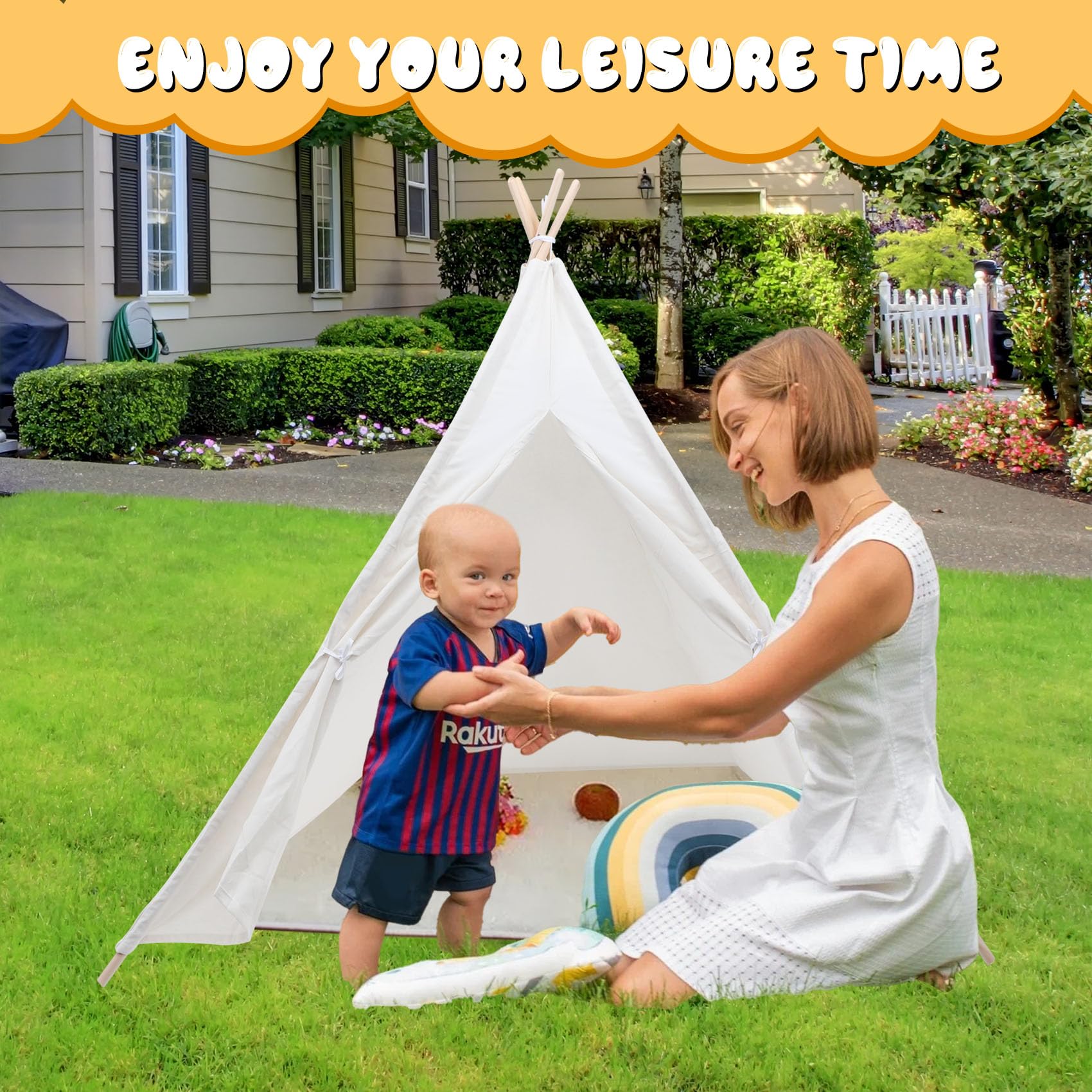 6 Pack Kids Teepee Tent with Thickened Fabric, LED Light String & Inflatable Air Mattress - Indoor Outdoor Play Tent for Girls Boys Sleepovers, Birthday Parties & Camping Adventures (White)