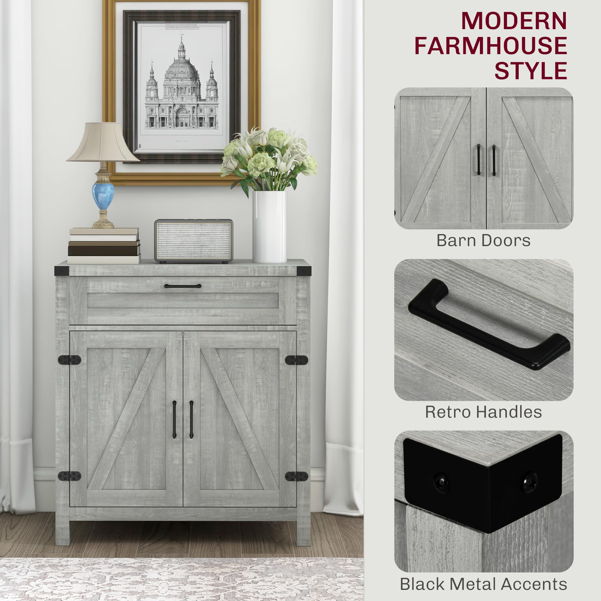 HOMCOM Modern Farmhouse Sideboard Buffet Cabinet with Storage Drawer & 2 Barn Doors - Gray Kitchen Coffee Bar Cabinet for Dining Room, Living Room & Home Decor