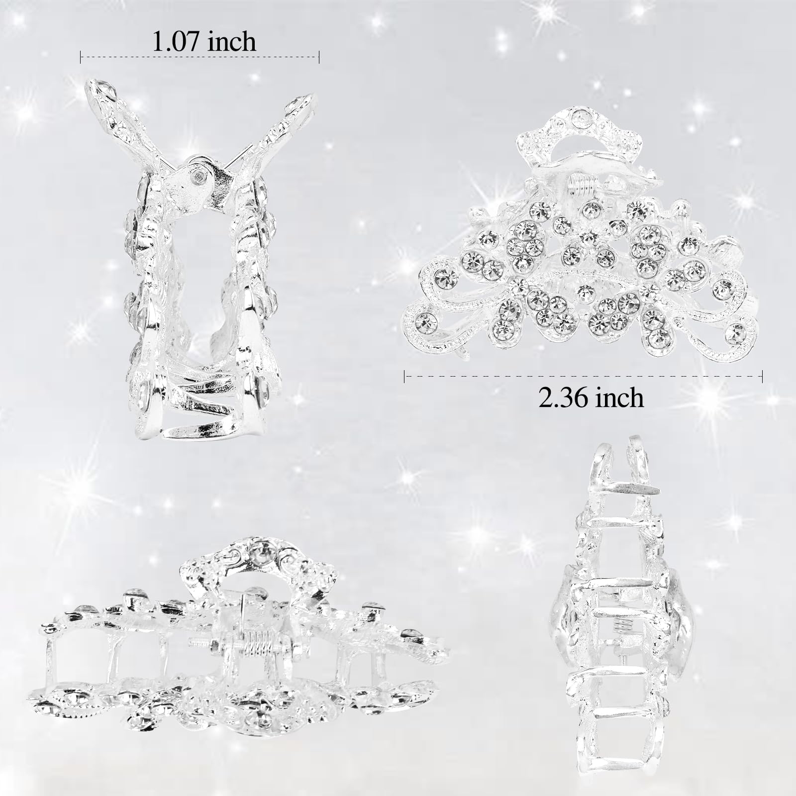 Sparkly Rhinestone Hair Claw Clips for Women - Silver Mini Diamond Crystal Glitter Hair Clips (2.36 inch) - Perfect for Parties, Weddings & Everyday Glam Accessories