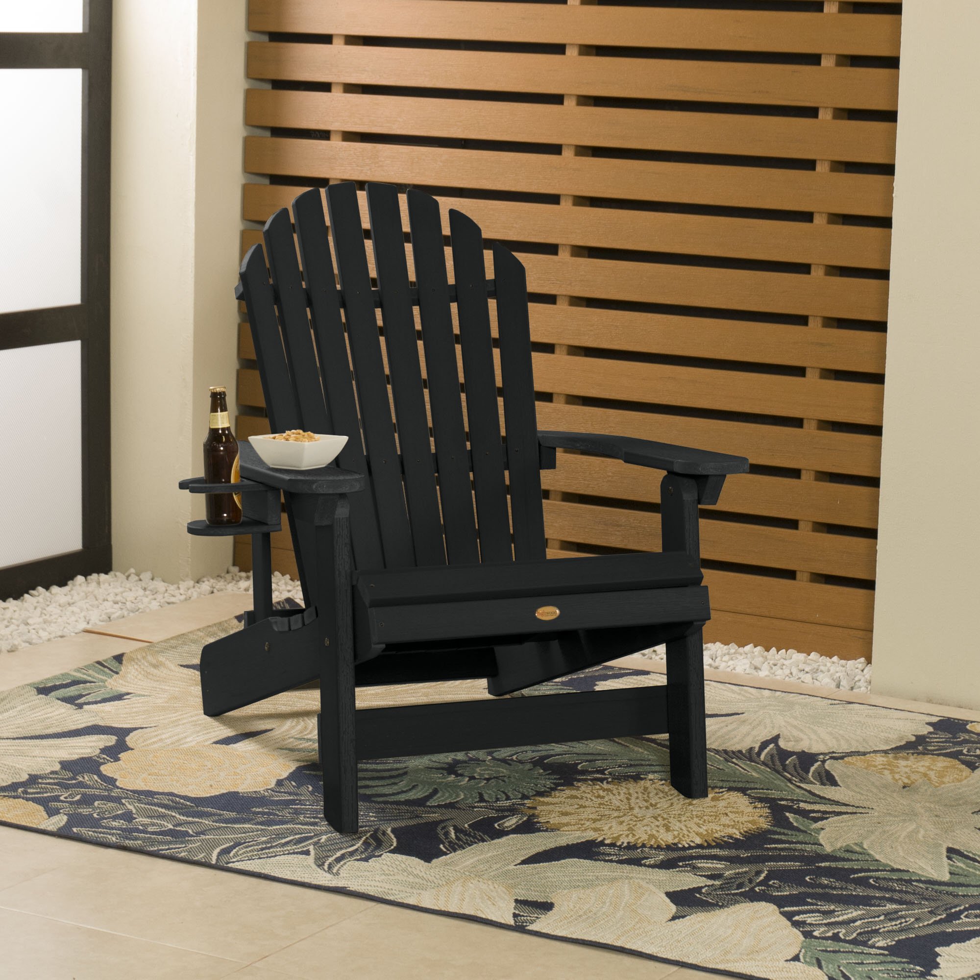 Highwood AD-KITKING1-BKE Hamilton King Size Folding & Reclining Adirondack Chair with Cup Holder - Black | Outdoor Patio Furniture for Backyard, Poolside & Beach Relaxation