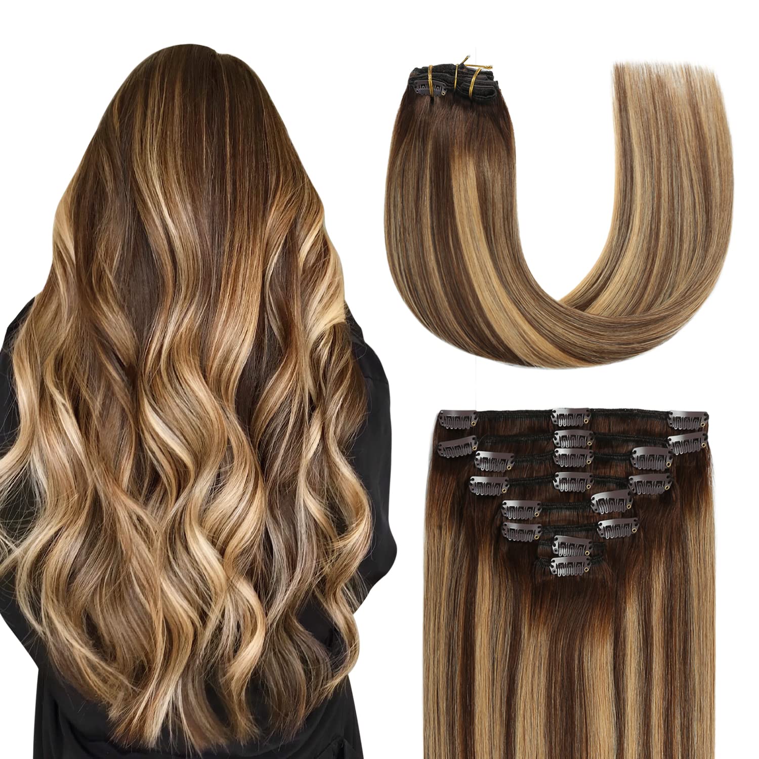 Sunya 20 Inch Real Human Hair Clip-in Extensions - Balayage Chocolate Brown to Caramel Blonde Ombre - 8pcs/120g - Perfect for Volume & Length - Great for Parties, Weddings & Daily Styling