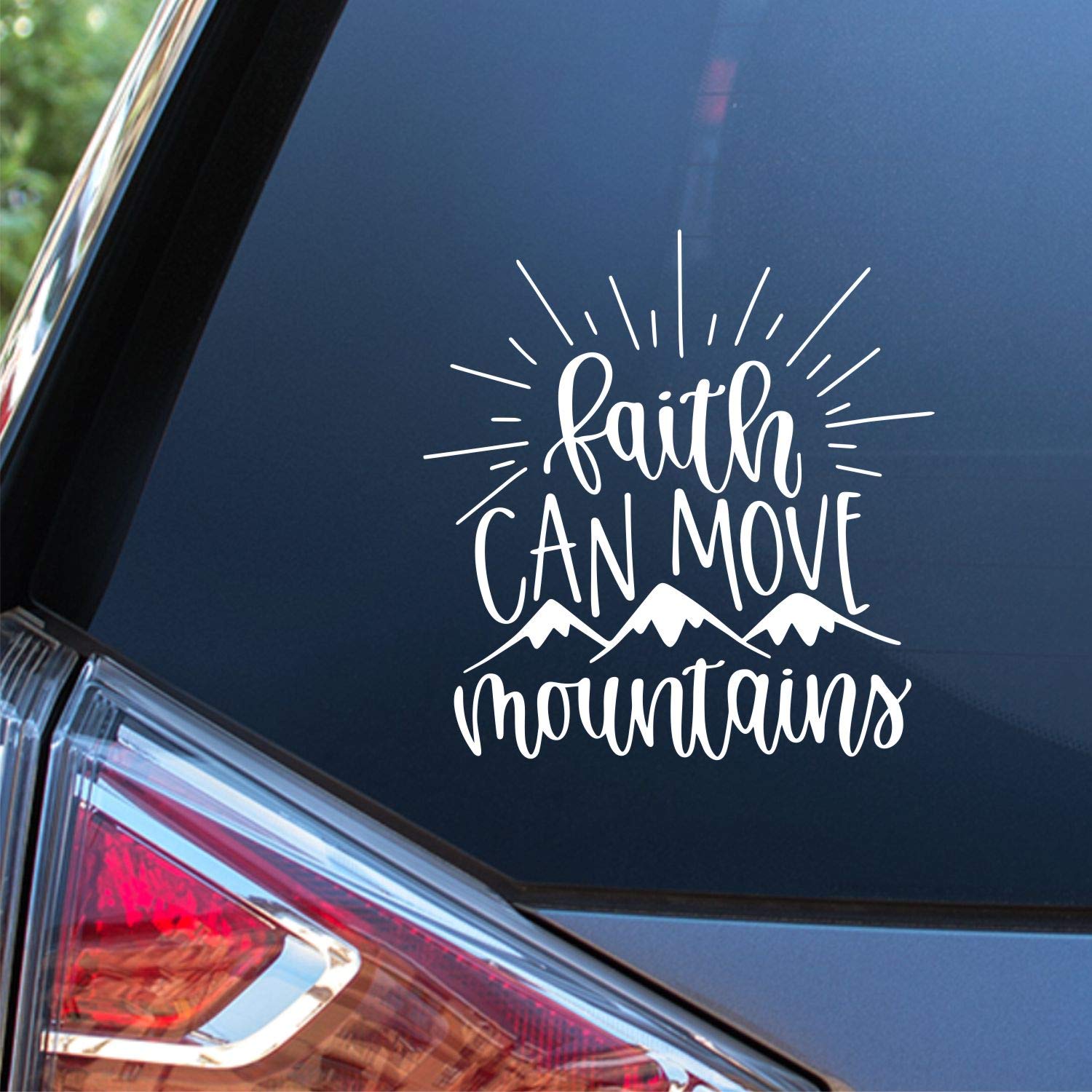 Faith Can Move Mountains Vinyl Decal Sticker - 5.5x5.5 Inch White Car Decal for Cars, Trucks, Vans, Walls & Laptops - Sunset Graphics & Decals - Perfect for Inspirational Car Decor, Office Motivation & Home Wall Art