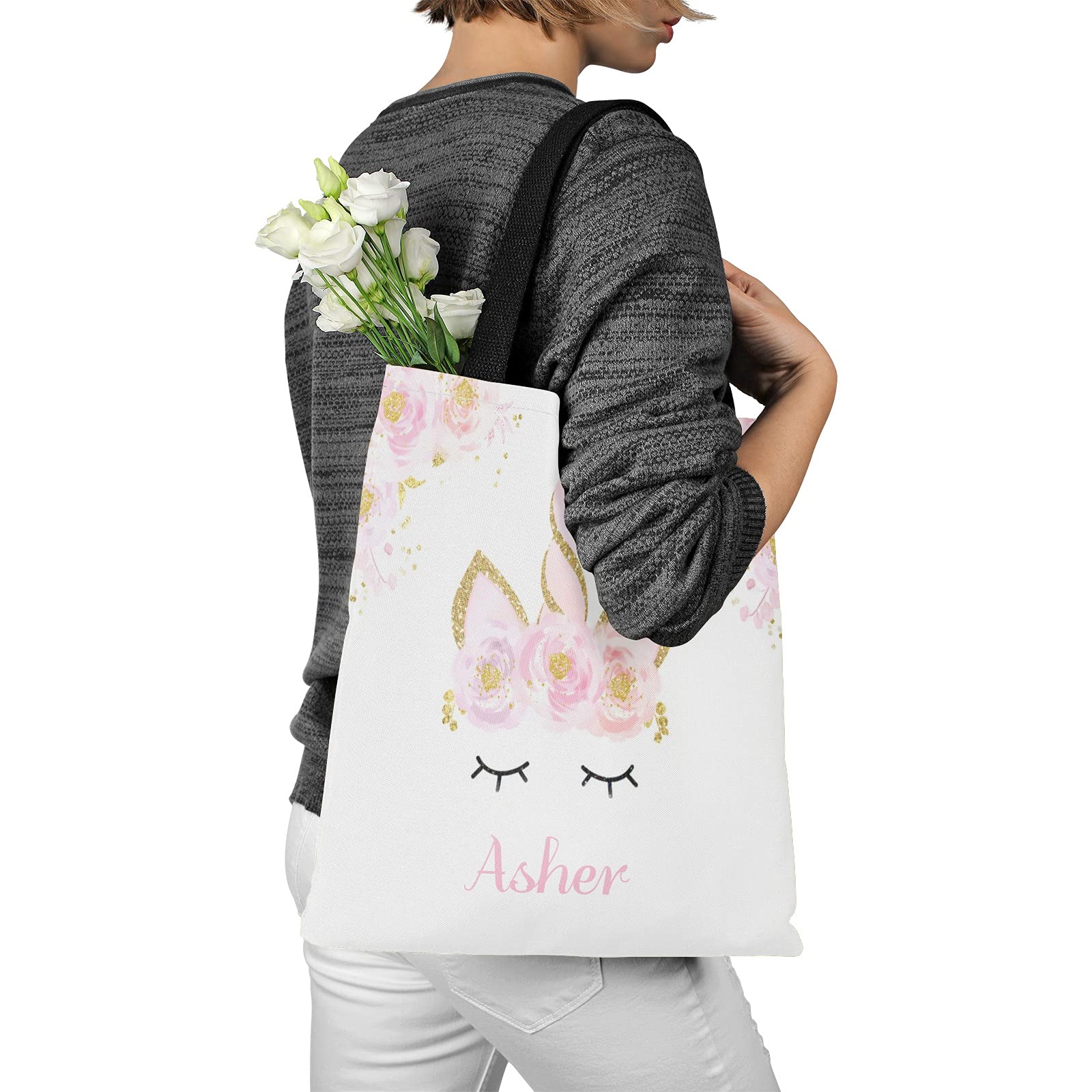 Personalized Deer Floral Pink Canvas Tote Bags for Women & Kids - Eco-Friendly Reusable Shopping Bags for Travel, School & Daily Use - Perfect Gift Idea for Birthdays & Holidays