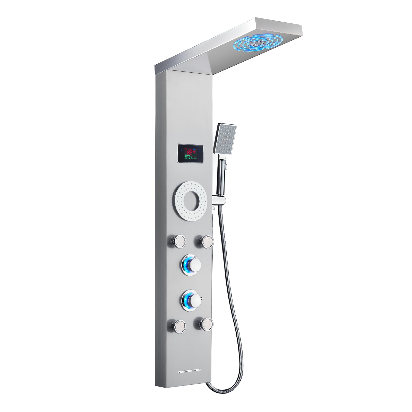 TSIBOMU LED Shower Panel Tower System with 5 Body Jets - Stainless Steel Rainfall & Mist Shower Tower, Handheld Shower & Tub Spout - Brushed Nickel Hydroelectric Temperature Display for Luxurious Bathroom Upgrade (Perfect for Modern Home Spa Experience)