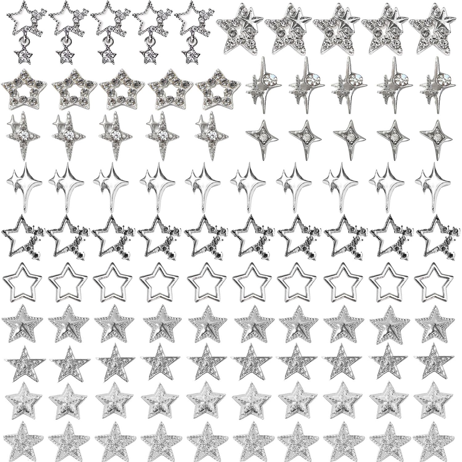 3D Star Nail Charms - 100pcs Alloy Nail Rhinestones for Y2K Nail Art (13 Styles) - Perfect for Women's Nail Design & DIY Manicure - Great for Parties, Weddings, and Special Occasions