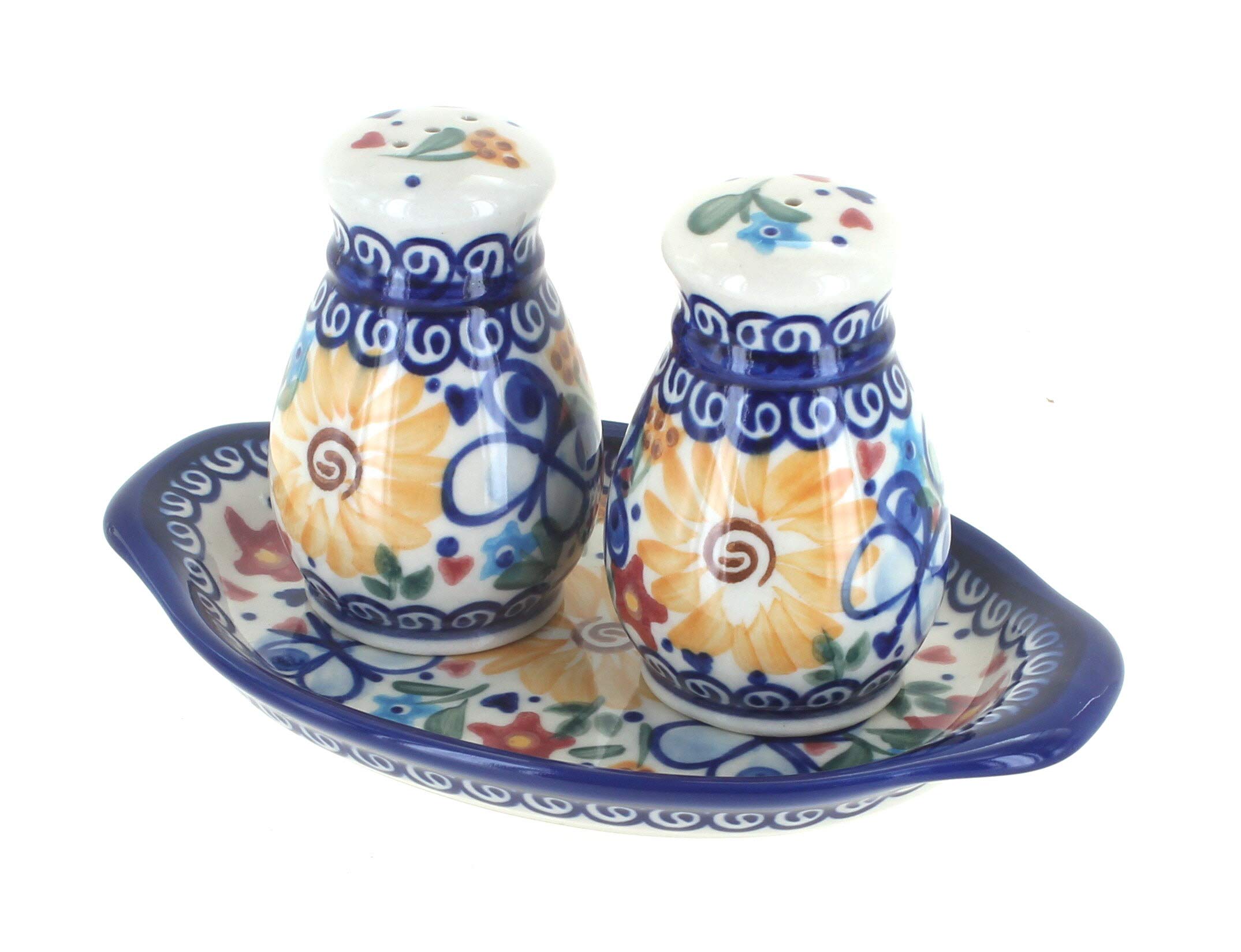 Blue Rose Polish Pottery Butterfly Salt and Pepper Shakers Set with Tray - Elegant Dining Table Decor for Home Kitchen and Gift Giving