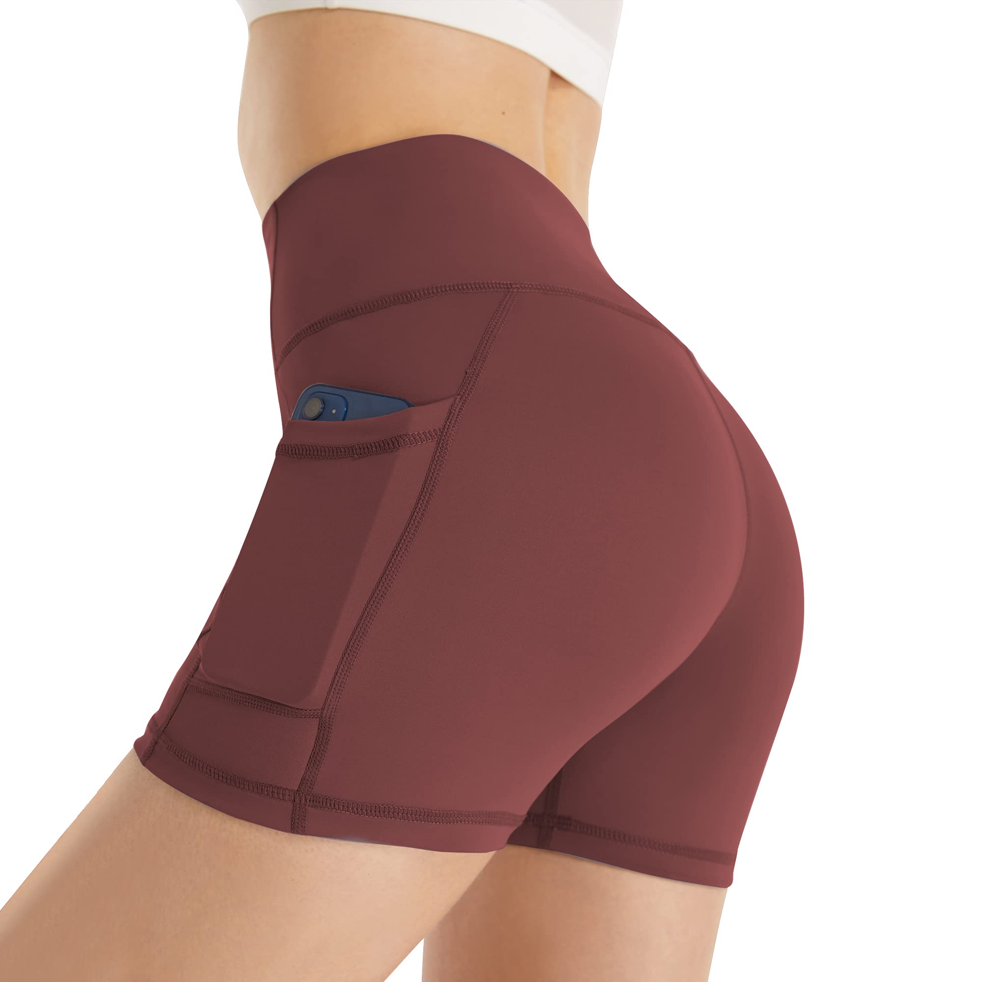 AKASO High Waist Yoga Shorts for Women - Running, Fitness, Cycling & Workout Compression Shorts with Pockets & Tummy Control - Maroon - Perfect for Yoga, Gym, Pilates & Outdoor Activities