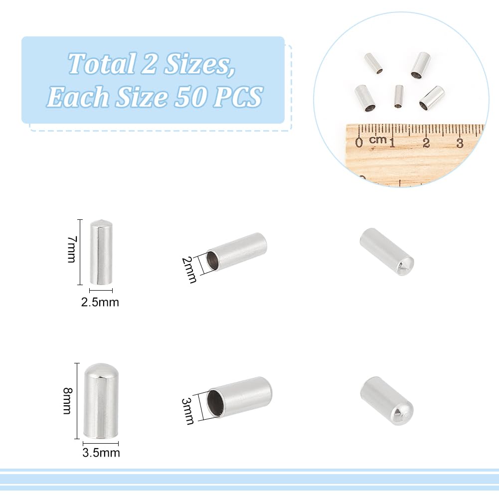 UNICRAFTALE 100pcs Stainless Steel Cord End Caps - 2mm & 3mm Column Leather Cord Terminators for DIY Jewelry Making - Durable Metal End Caps for Bracelets, Necklaces & Craft Projects