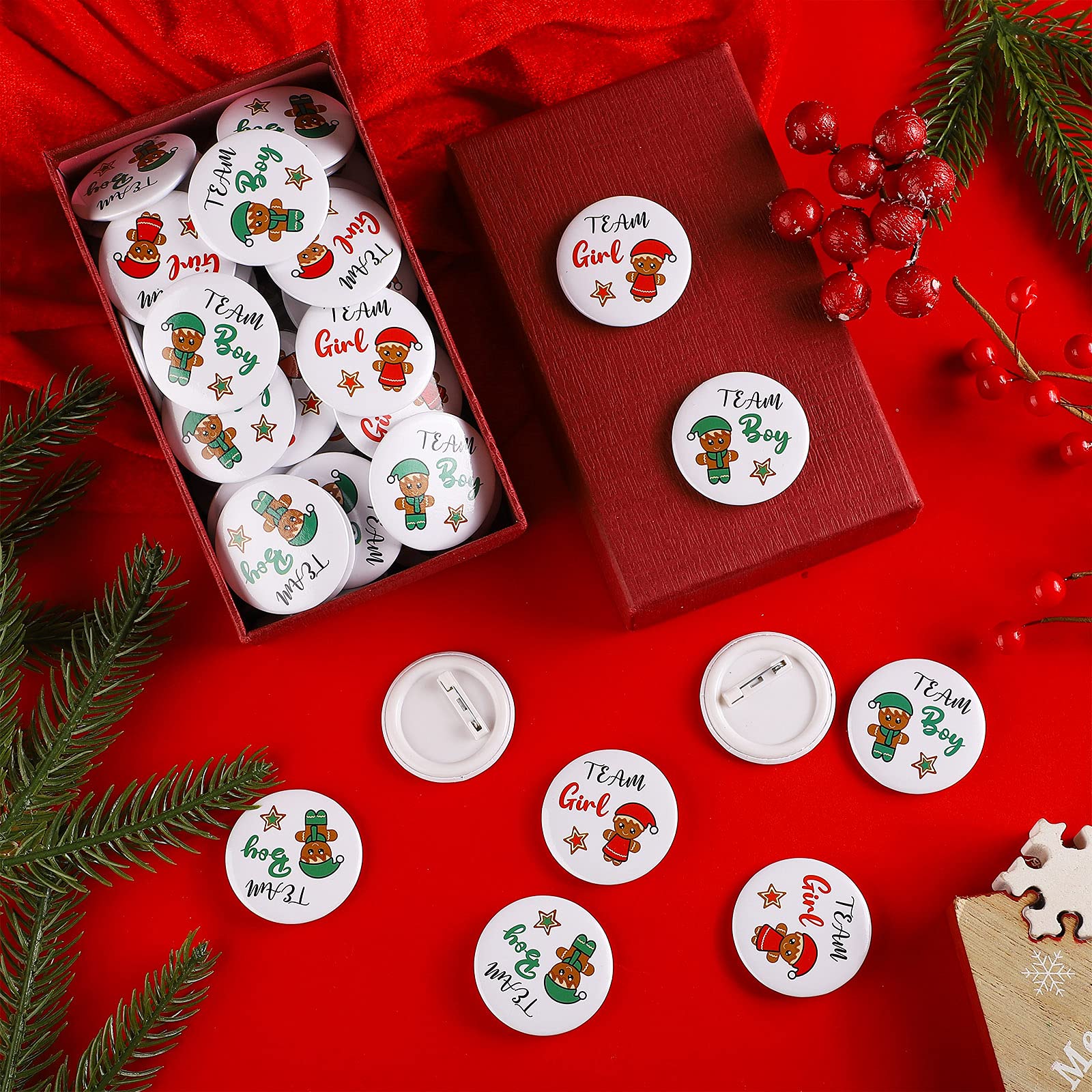 80Pcs Christmas Gingerbread Gender Reveal Pins - Boy & Girl Baby Shower Party Buttons - Holiday Gender Announcement Decor for Baby Shower, Christmas Party & Gender Reveal Events
