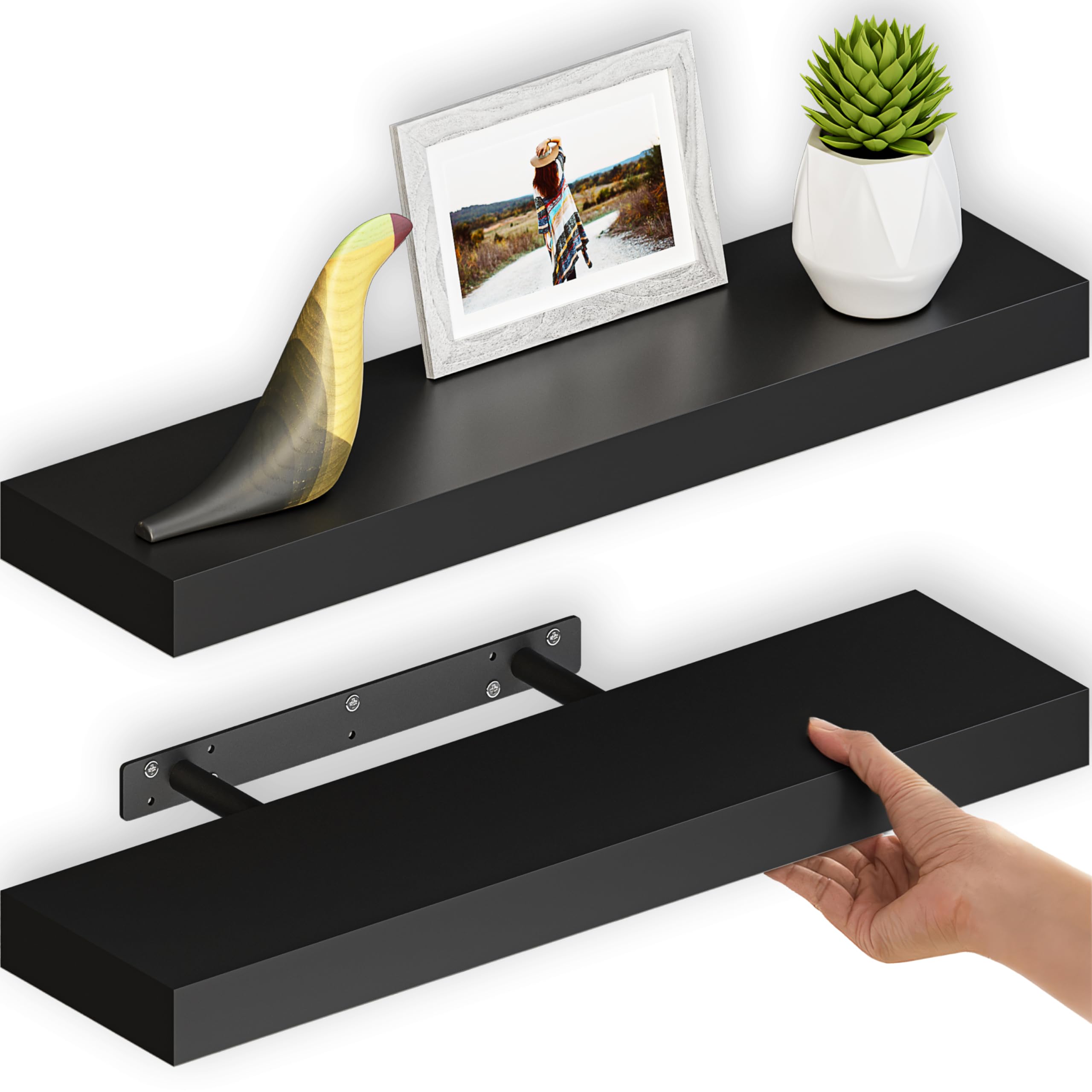 Ballucci Floating Shelves Set of 2 - 24 Inch Wood Wall Shelves with Invisible Brackets - 6 Inch Deep Black Wall Mounted Shelves for Bathroom, Living Room, Bedroom, Kitchen, Nursery - Perfect for Displaying Decor, Books, Plants and Storage Organization