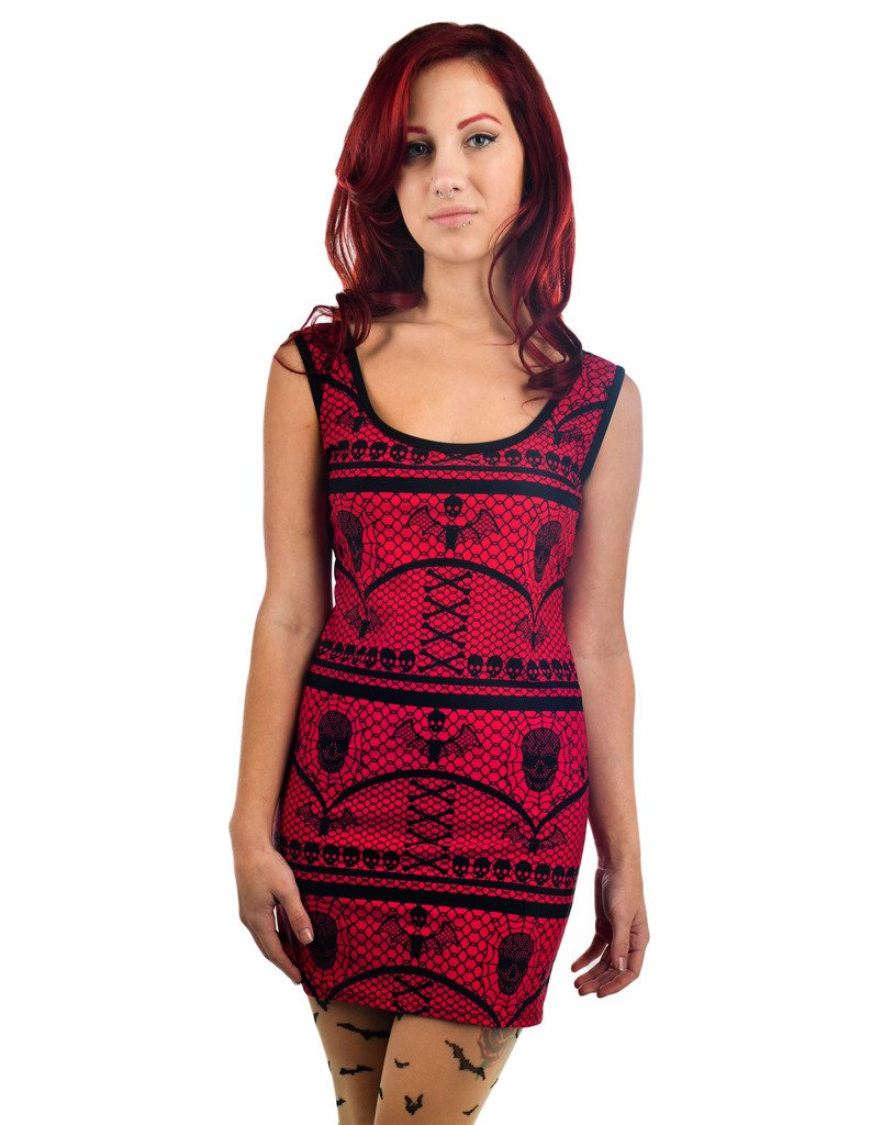 Women's Too Fast Apparel Bat Lace Bettie Dress - Gothic Lace Mini Dress for Parties, Halloween & Night Out
