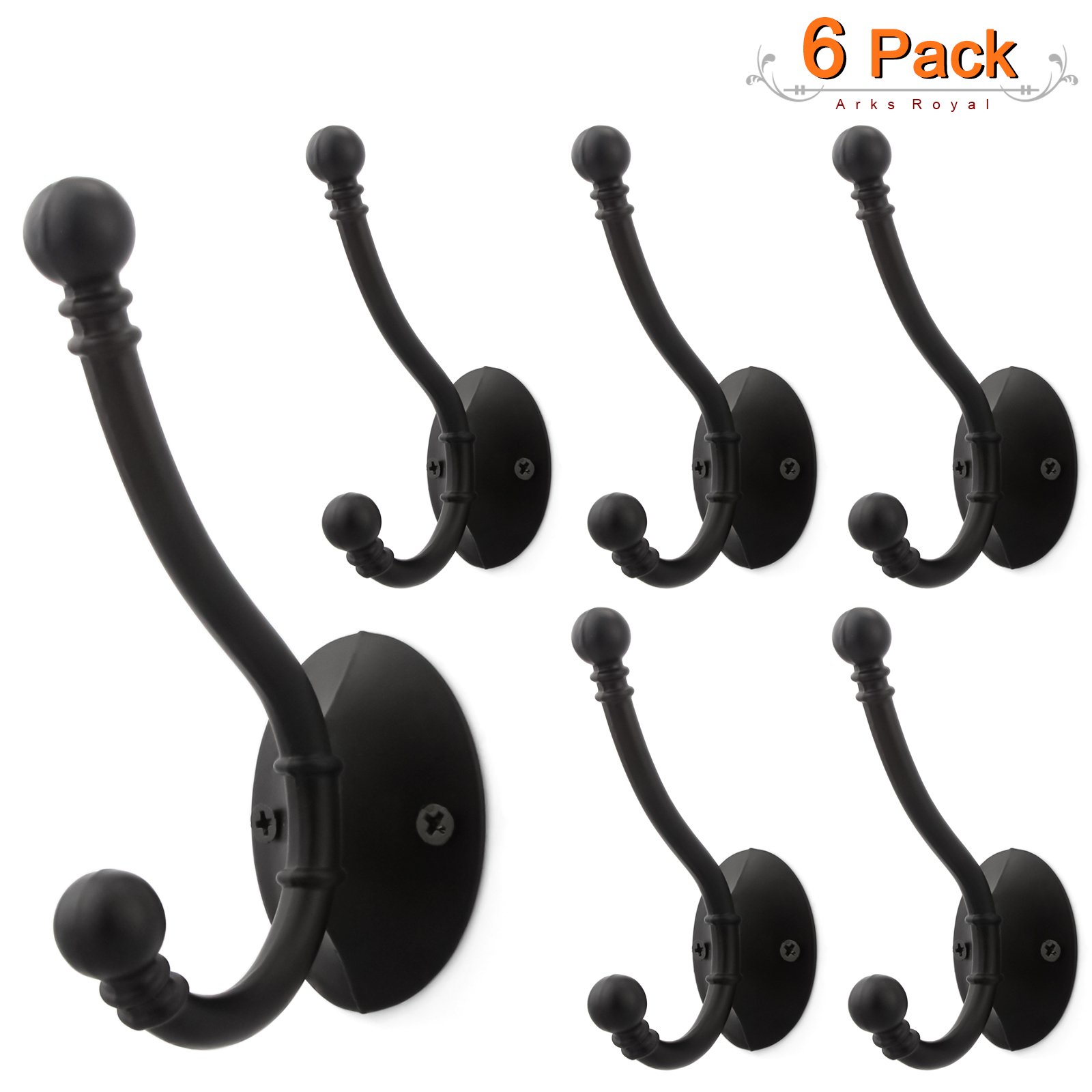 6-Pack Heavy Duty Double Prong Wall Hooks - 3.75 Inch Retro Coat & Hat Hangers with Ball Ends, Flat Black Finish (Includes Screws) - Perfect for Entryway, Mudroom, Closet & Bathroom Organization