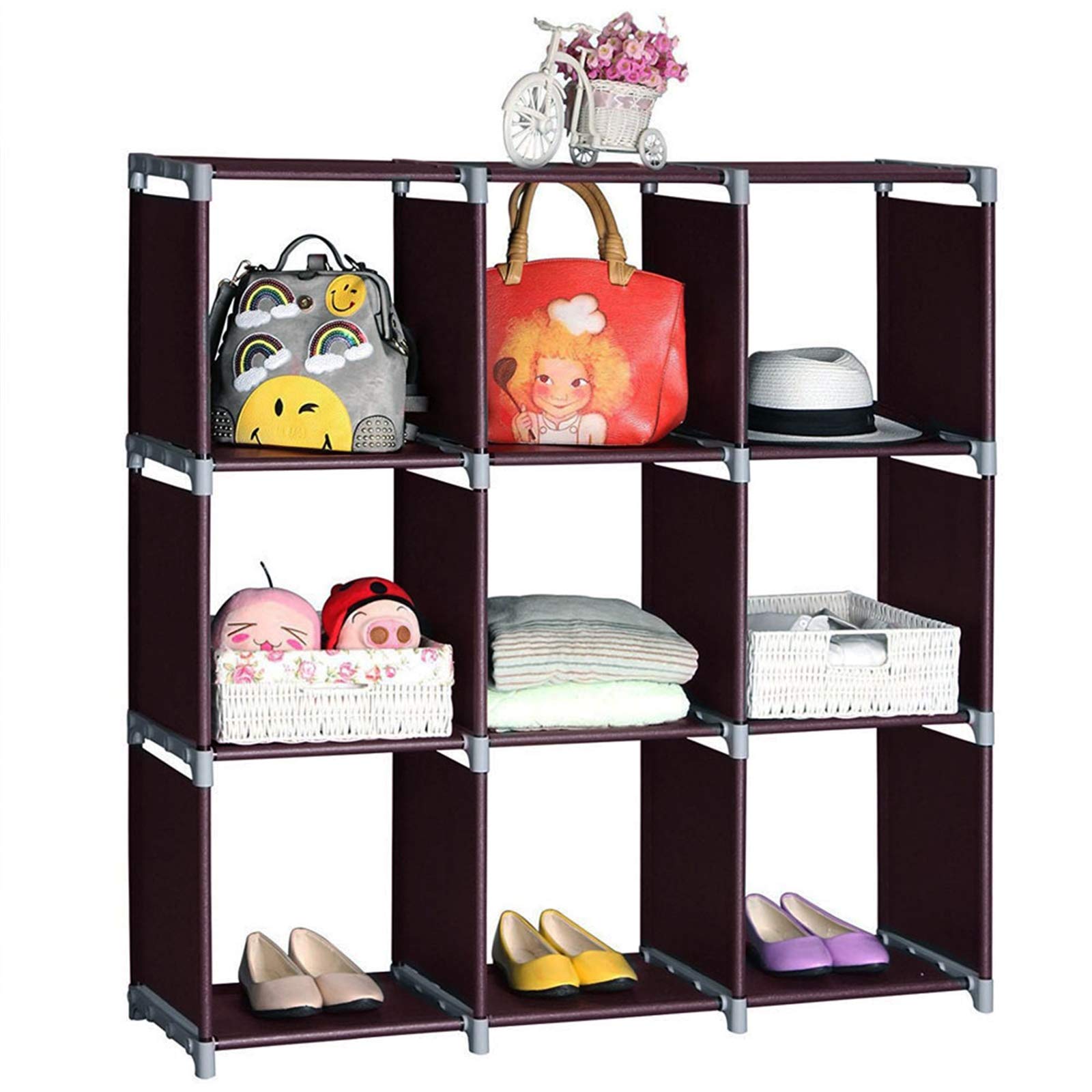 9-Cube Storage Shelf Organizer - Dark Brown Wooden Bookcase for Closet, Bedroom & Office - DIY Modular Cube Rack with Open Compartments for Books, Toys, Shoes & Home Organization