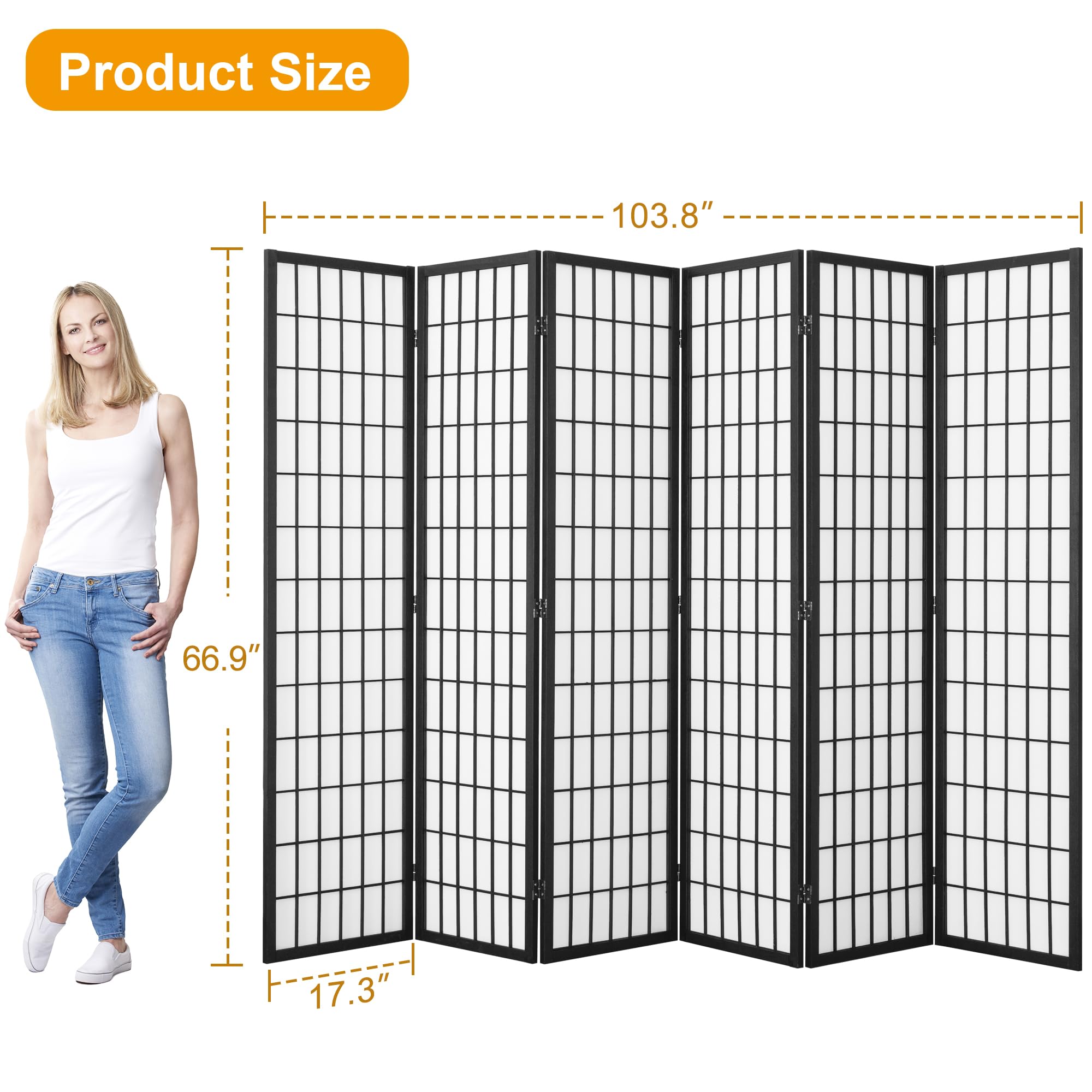 6 Panel Shoji Screen - Japanese Style Room Divider & Folding Privacy Screen - 66.9 Inch Black Assembly-Free Partition for Living Room, Bedroom, Office - Perfect for Home Decor, Zen Spaces & Room Separation