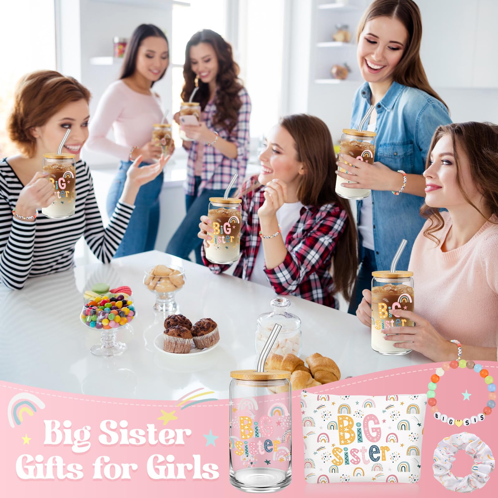 4 Pcs Big Sister Gift Set for Girls - 16oz Glass Tumbler, Makeup Bag, Bracelet & Scrunchies - Perfect New Baby Birthday or Baby Shower Gift - Ideal for School, Parties & Everyday Use