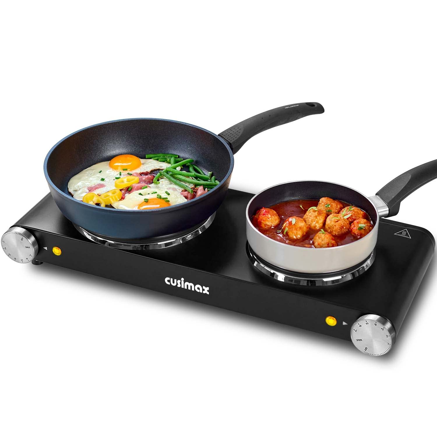 CUSIMAX 900W+900W Double Electric Hot Plates - Portable Cast Iron Burner Cooktop for Countertop Cooking | Perfect for Dorms, Camping & Small Kitchens | Black Stainless Steel Design