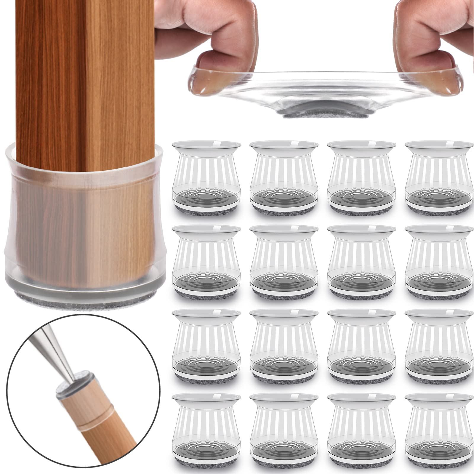 ColorLeaf 32-Piece Clear Silicone Chair Leg Floor Protectors for Hardwood Floors - 16 Medium & 16 Large Furniture Leg Caps with Felt Pads | Prevent Scratches & Noise on Wooden/Tile Floors for Home/Office Chairs