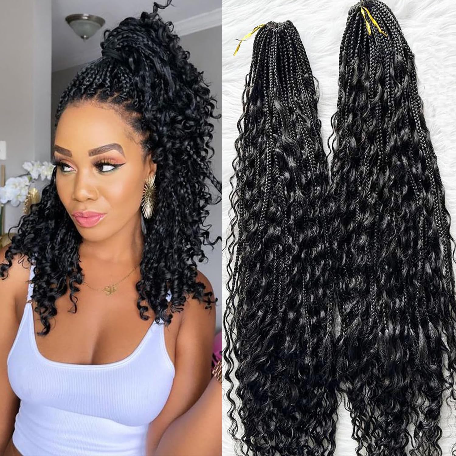 Natural Color 14 Inch Crochet Boho Box Braids with Human Hair Curls - Pre-Looped Box Braids with Curly Human Hair & Full Ends - 2 Pack (80 Strands) Hair Extensions for Women - Perfect for Boho Chic, Festival, and Everyday Protective Styles