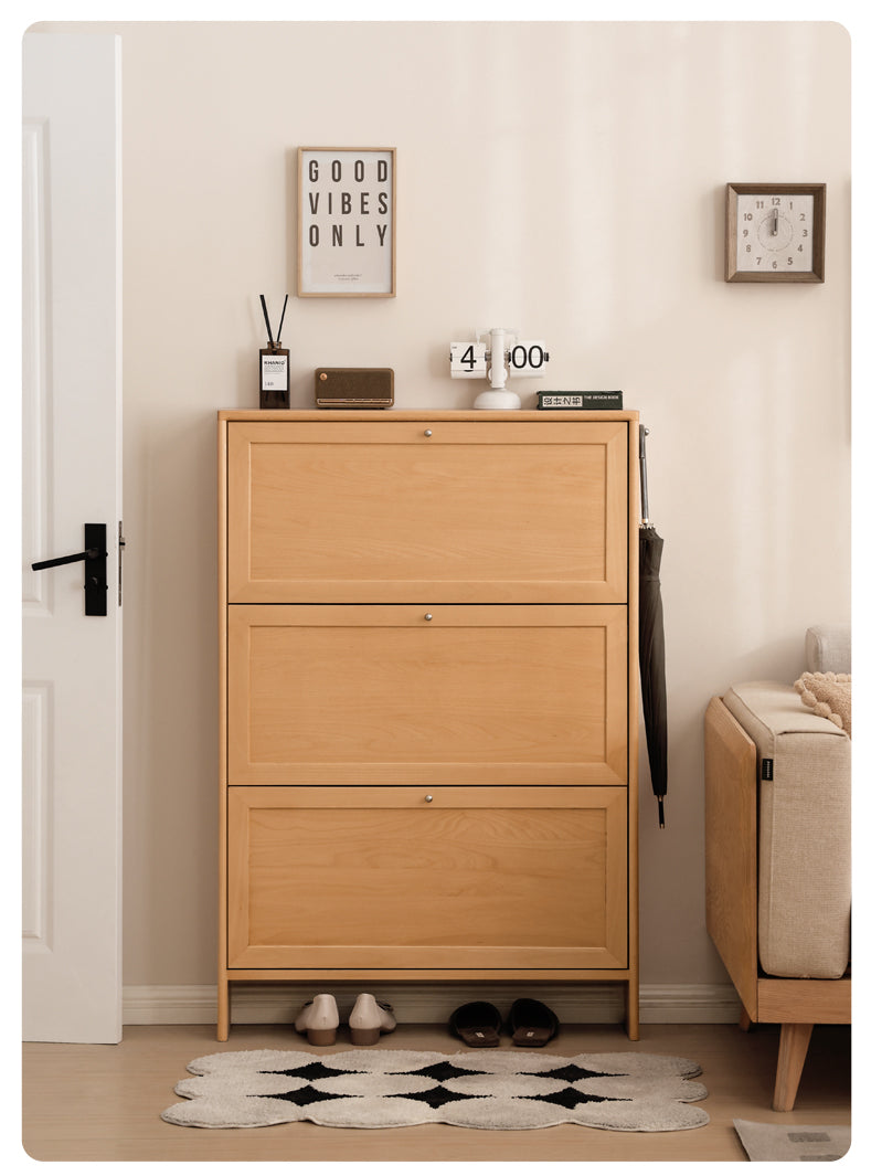 Beech Solid Wood Ultra Thin Flip Shoe Cabinet - Space Saving Shoe Storage for Entryway, Closet & Small Apartments