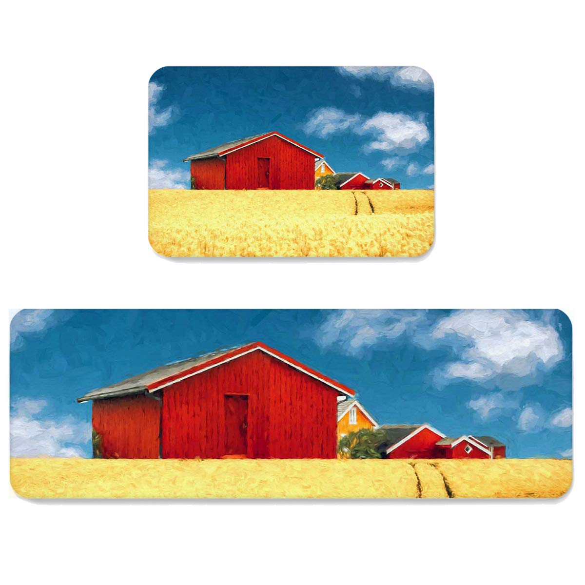 Farmhouse Red Barn Wheat Harvest Non-Slip Kitchen Mats 2-Pack - Absorbent Floor Rugs for Bathroom, Living Room & Entryway - Watercolor Oil Painting Style Comfort Standing Mats for Home Decor & Farmhouse Style Kitchens