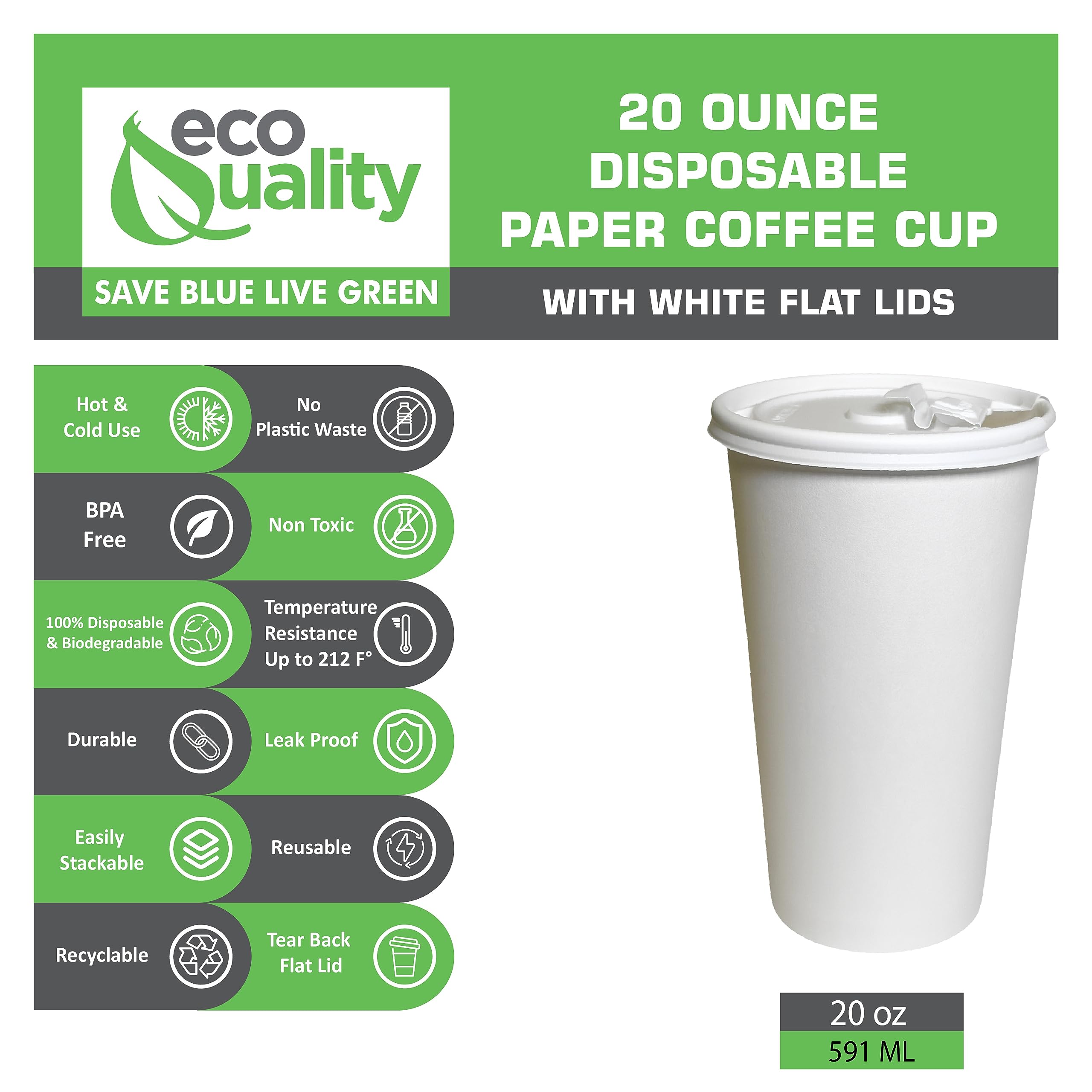 EcoQuality 20oz Disposable Paper Cups & Flat Lids (500 Cups + 500 Lids) - Durable Hot/Cold Drink Containers for Coffee, Tea, Cocoa - Perfect for Travel, Office, Cafes & Outdoor Events