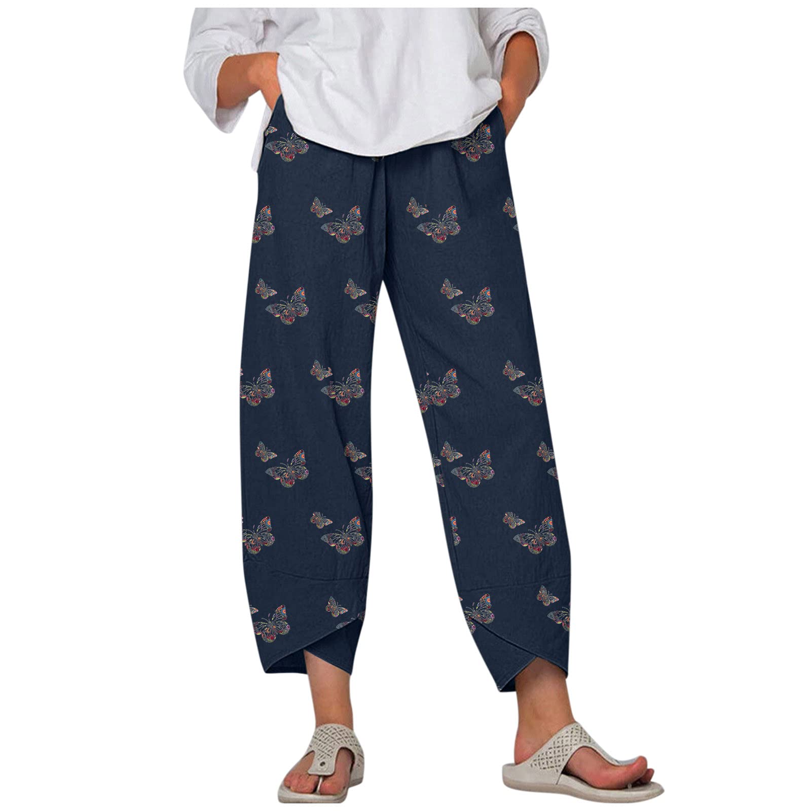 Floral Print Women's Wide Leg Linen Pants - High Waist Elastic Casual Trousers for Work, Office & Everyday Wear