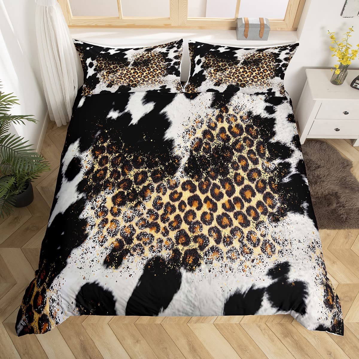 Cow Print Twin Size Duvet Cover Set - Leopard Pattern Bedding for Boys & Girls - Farmhouse Animal Skin Comforter Cover in Black/Brown/Beige - Breathable Quilt Cover with Pillowcase - Perfect for Kids' Rooms, Dorm Decor & Jungle Themed Bedrooms