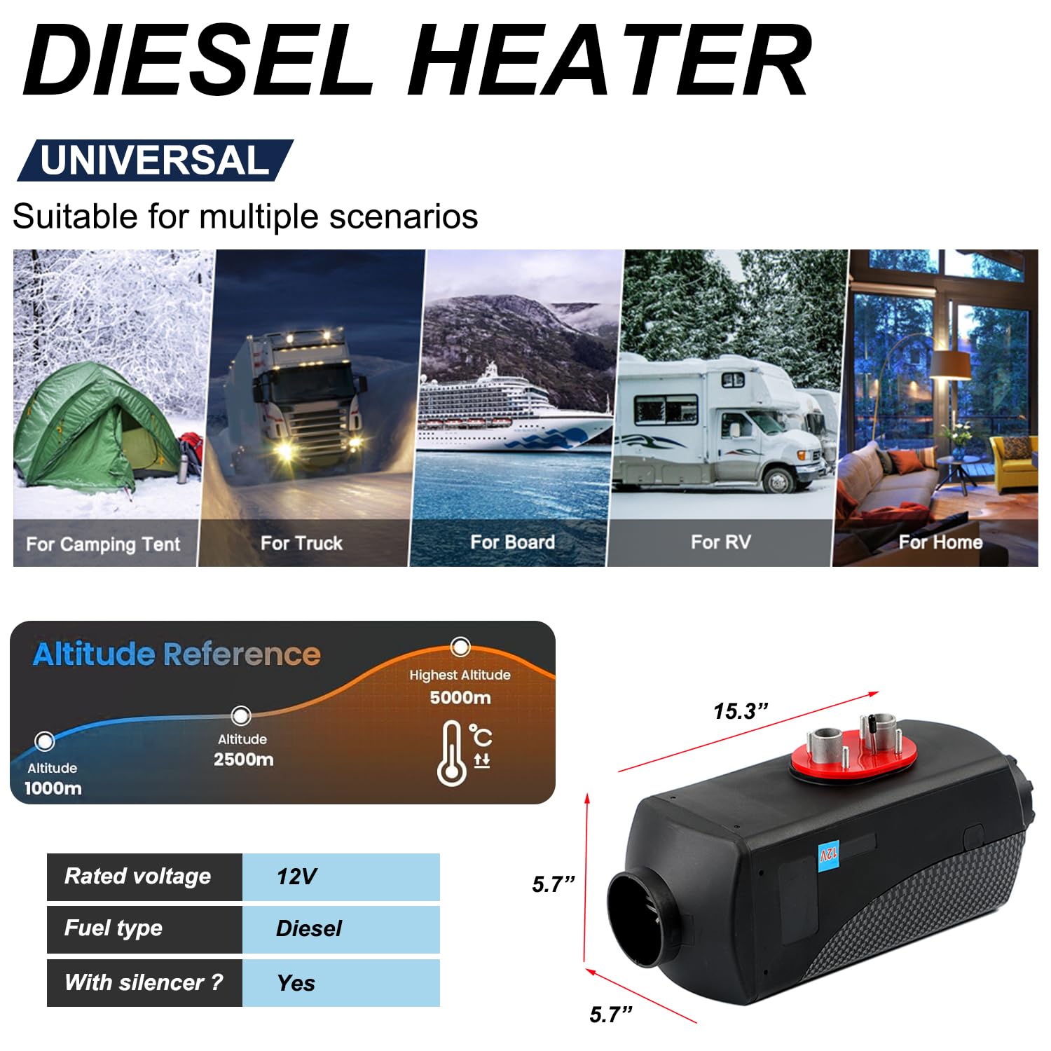 12V 5KW-8KW Diesel Air Heater with LCD Display & Remote Control - Portable Parking Heater for Trucks, Boats, RVs, Campers & Trailers | Silent Operation with Silencer & 10L Fuel Tank | Ideal for Winter Camping, Road Trips & Off-Grid Living