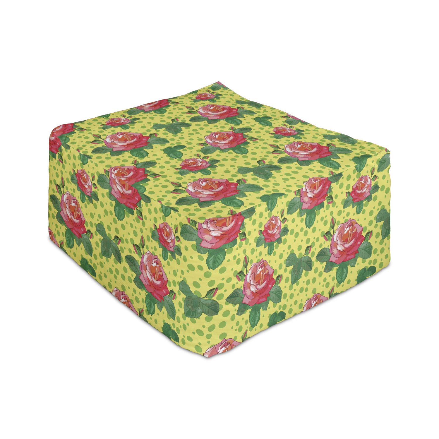 Ambesonne Rose Rectangle Pouf Ottoman - Vintage Floral Polka Dot Design Foot Stool for Living Room, Office & Bedroom - 25