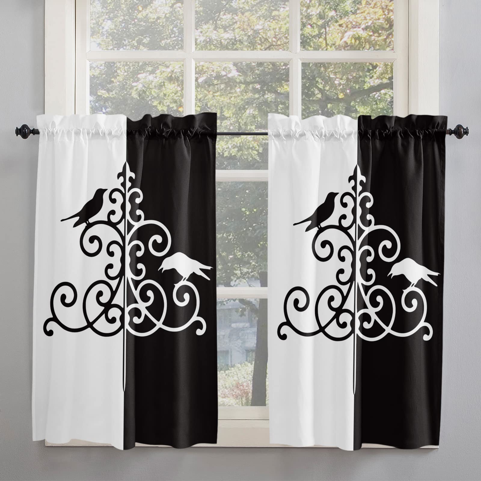 Black Crow Halloween Wall Lamp & Tier Curtains Set - 27.5x45 Inch Rod Pocket Privacy Drapes for Kitchen, Bathroom, Living Room & Cafe Windows - 2 Panel Half Window Treatment for Halloween Decor & Everyday Use