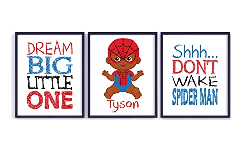 Personalized African American Superhero Nursery Decor - Set of 3 Motivational Unframed Prints for Baby Room (Don't Wake Spiderman, Dream Big Little One) - Perfect for Black History Month, Birthday Gifts & Superhero Themed Bedrooms
