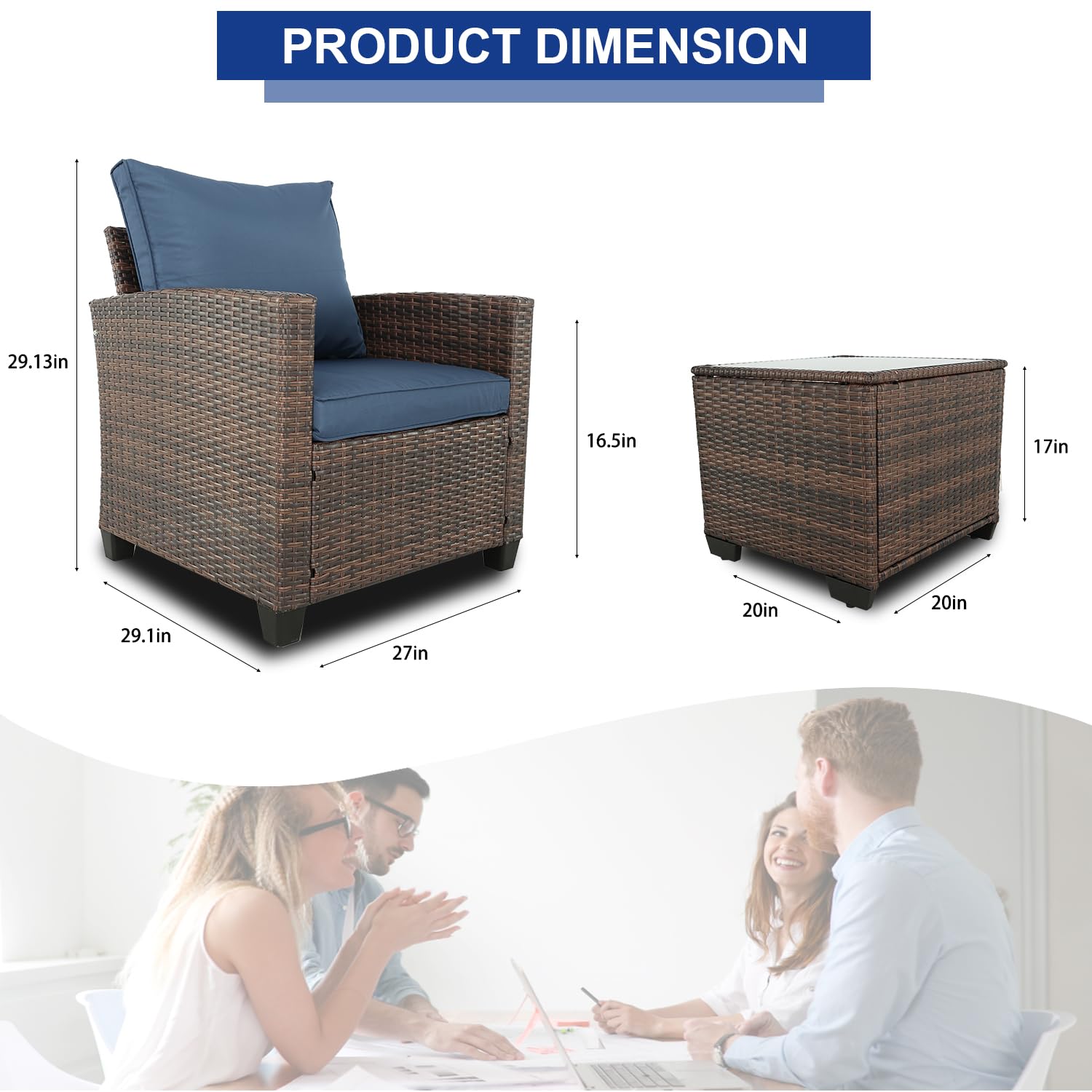 3-Piece Patio Furniture Set, PE Rattan Wicker Outdoor Sofa with Washable Cushions & Tempered Glass Table - Perfect for Balcony, Garden, Poolside & Backyard (Brown & Navy Blue) | Weather-Resistant Outdoor Lounge Set for Relaxing & Entertaining