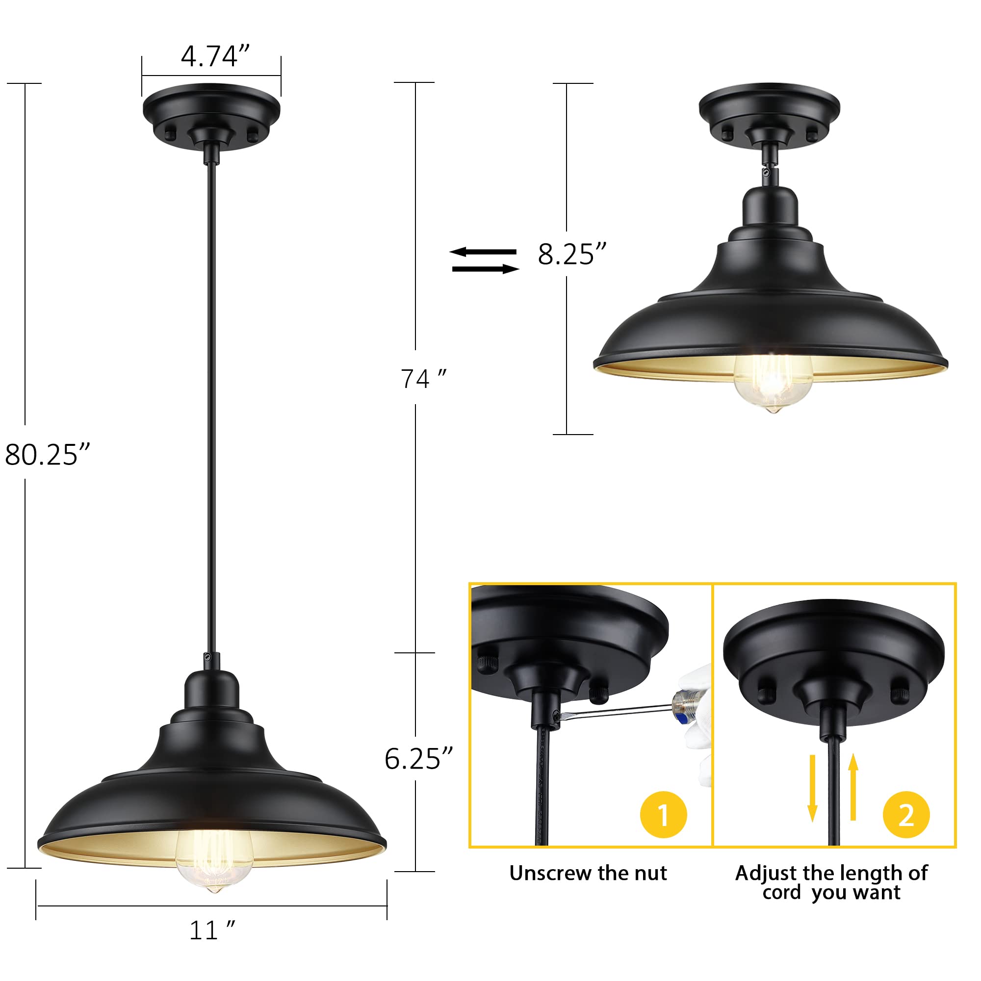 Adjustable Black Metal Pendant Lighting - 2 Pack Farmhouse & Industrial Style Hanging Lamps with E26 Base for Kitchen Island, Dining Room, Barn Decor | Perfect for Rustic Home, Restaurant, and Cafe Lighting
