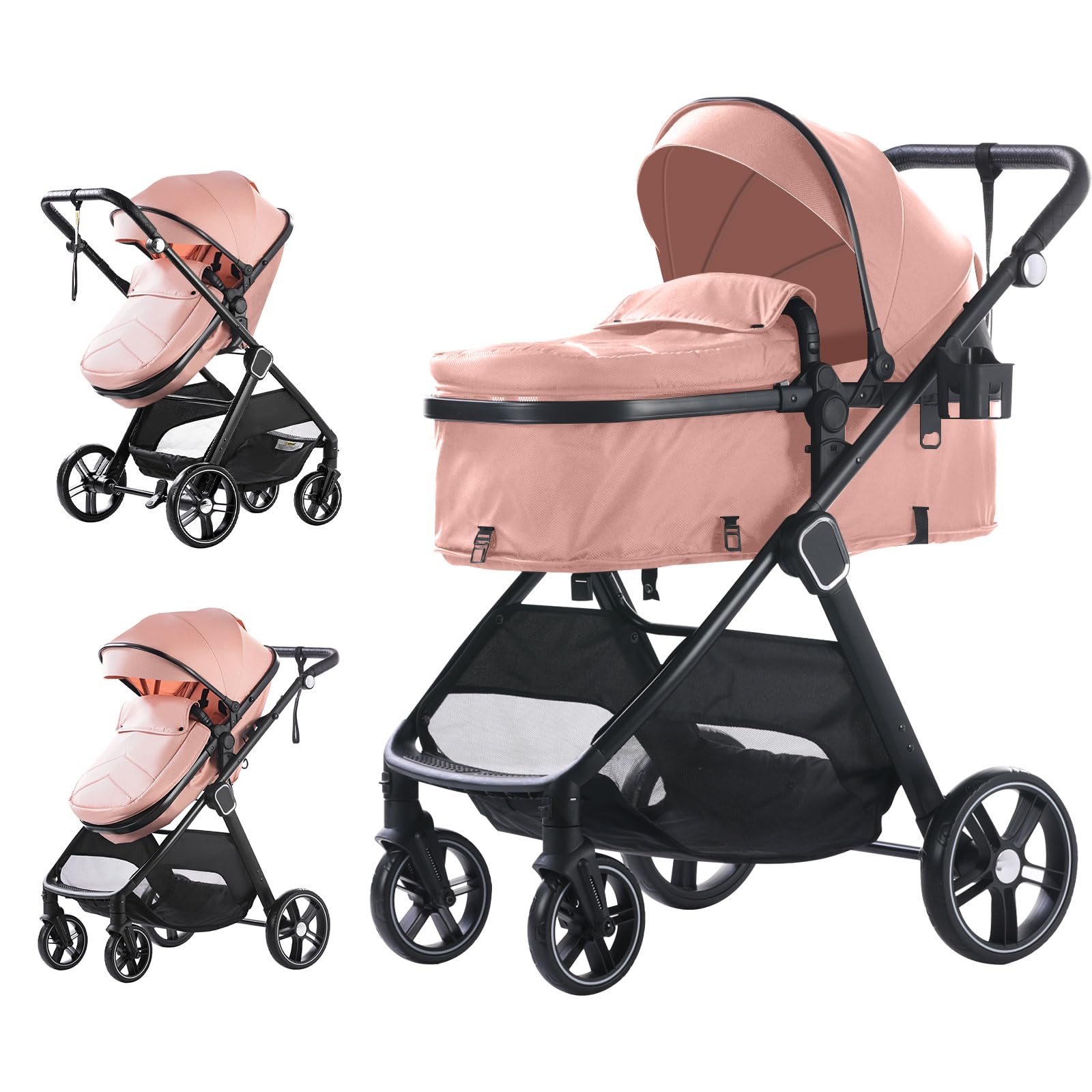 **Trenana 2-in-1 Baby Stroller with Reversible Bassinet - Adjustable Backrest & Canopy, Foldable Lightweight Aluminum Alloy Frame, Shock-Absorbing Wheels for Newborns & Infants (Pink) - Perfect for Park Walks, Shopping & Travel**