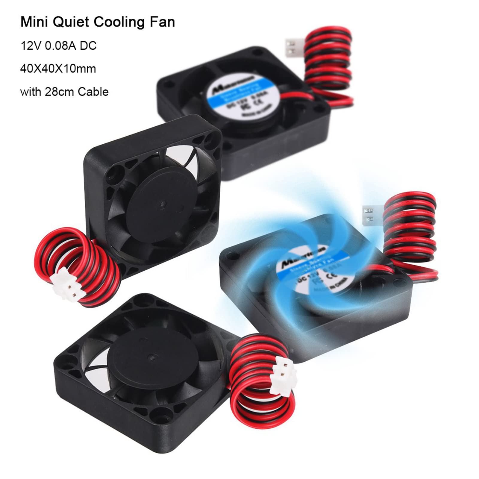 MakerFocus 4-Pack 40mm 12V DC Cooling Fan - Quiet 0.08A Mini Fan (40x40x10mm) with 28cm Cable - Replacement for 3D Printers, DVR, Electronics & Small Appliances - Perfect for Cooling, Ventilation & DIY Projects