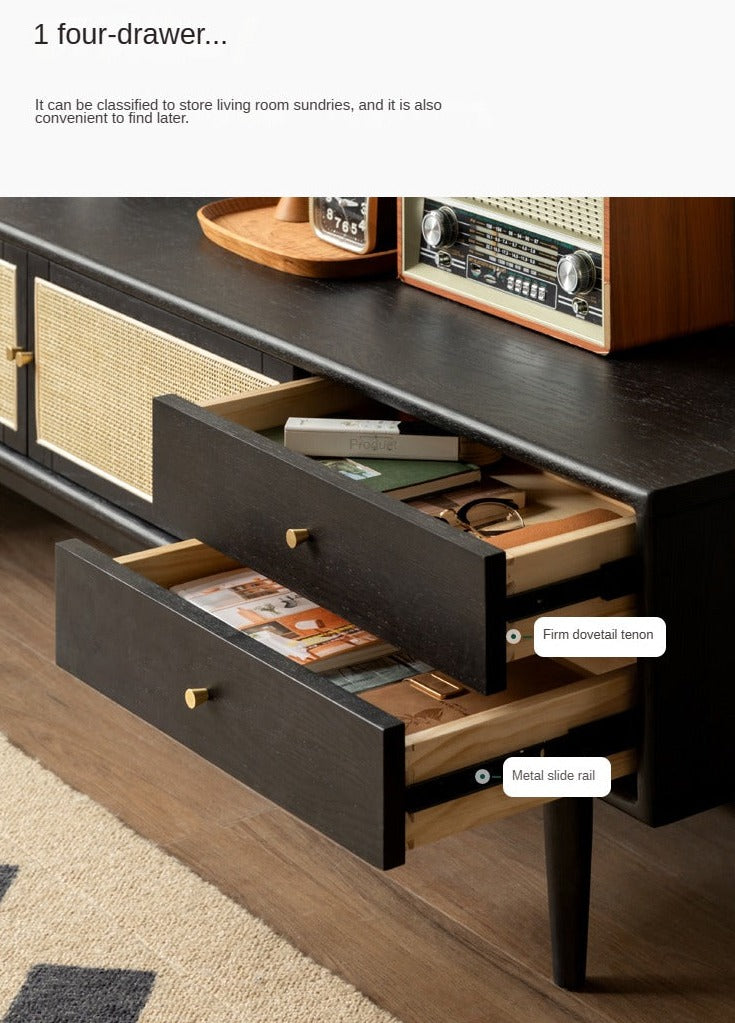 Solid Oak Wood Rattan TV Stand with 4 Drawers - Smoked Finish for Living Room, Bedroom & Home Theater Storage