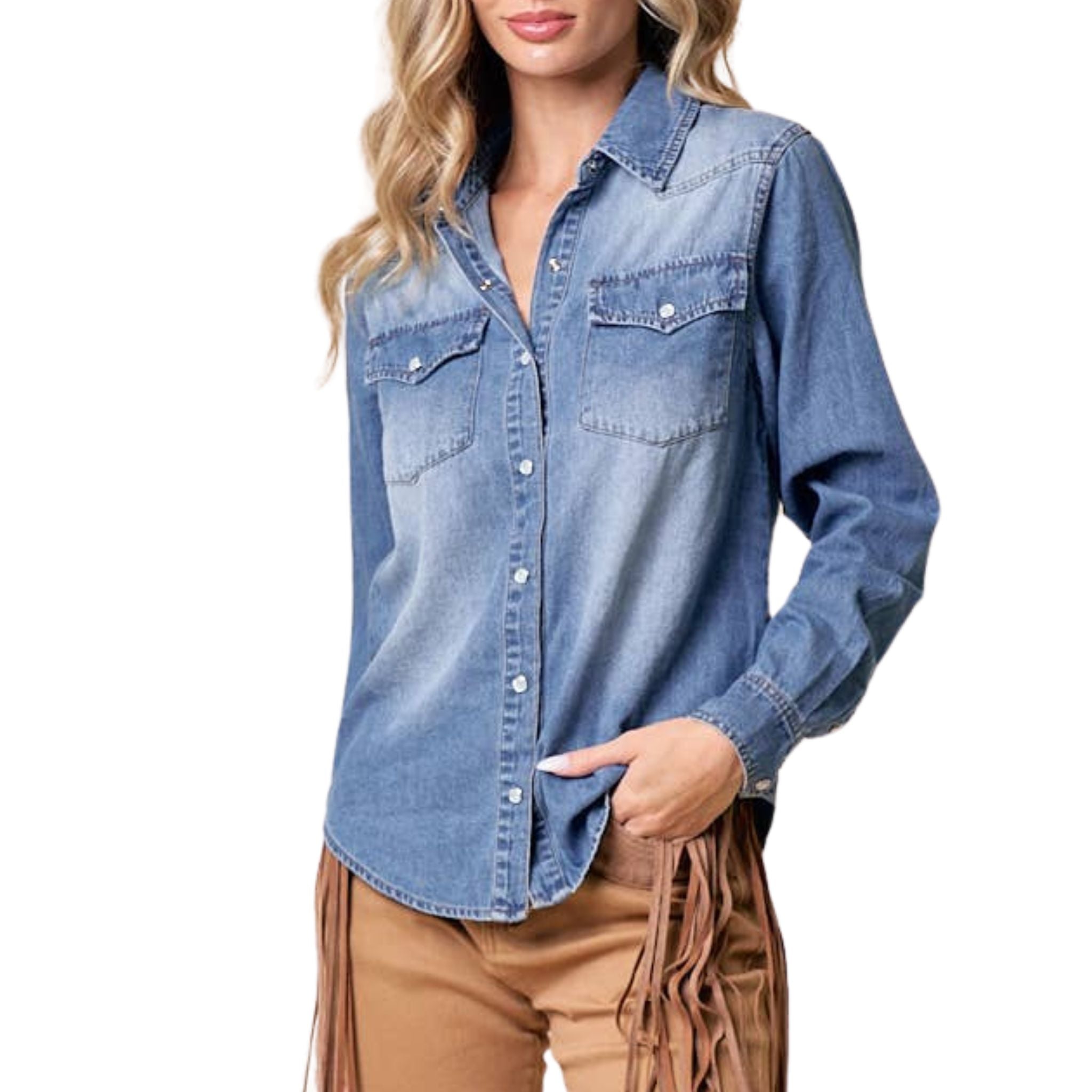 Vintage Western Style Snap Button Denim Shirt for Men & Women - Casual Cowboy Shirt for Outdoor, Music Festivals & Country Style Fashion