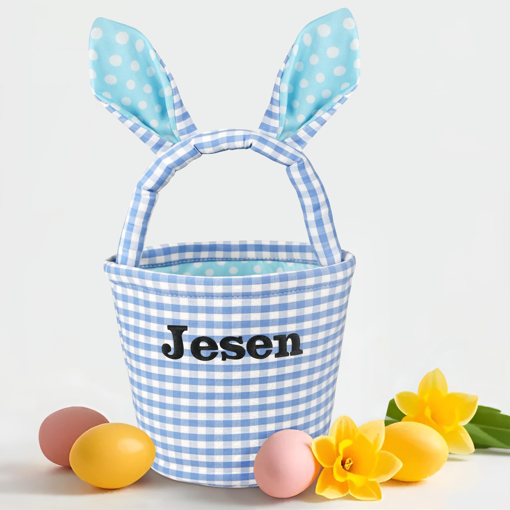 Personalized Easter Basket for Kids - Bunny Blue Grid Easter Egg Hunt Basket - Easter Bunny Gift Basket for Boys & Girls - Perfect for Easter Egg Hunts, Easter Party Favors & Spring Celebrations