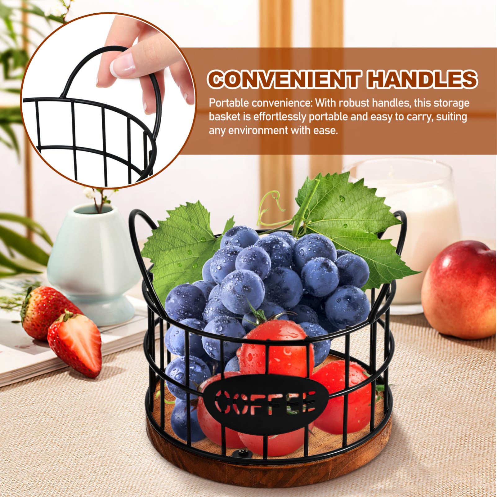 Sturdy Wire Coffee Pod Holder with Wooden Base & Handles - Countertop Storage Organizer for Keurig K-Cups & Nespresso Capsules - Perfect for Home, Hotel, Coffee Bar & Office Use