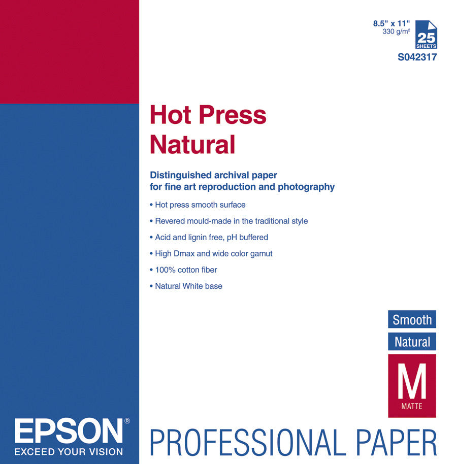 Epson Hot Press Natural Smooth Paper 8.5x11 Inches - 25 Sheets for Watercolor, Inkjet Printing & Fine Art - Ideal for Artists, Photographers & Craft Projects