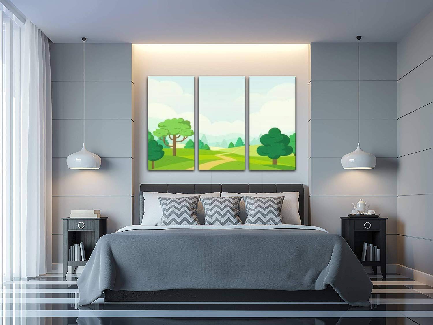 Vector Nature Landscape Canvas Wall Art - Simple Cartoon Style Paintings for Living Room & Bedroom Decor - 3 Panel Home Wall Decor Posters - Perfect for Modern Housewarming Gifts & Cozy Interior Design