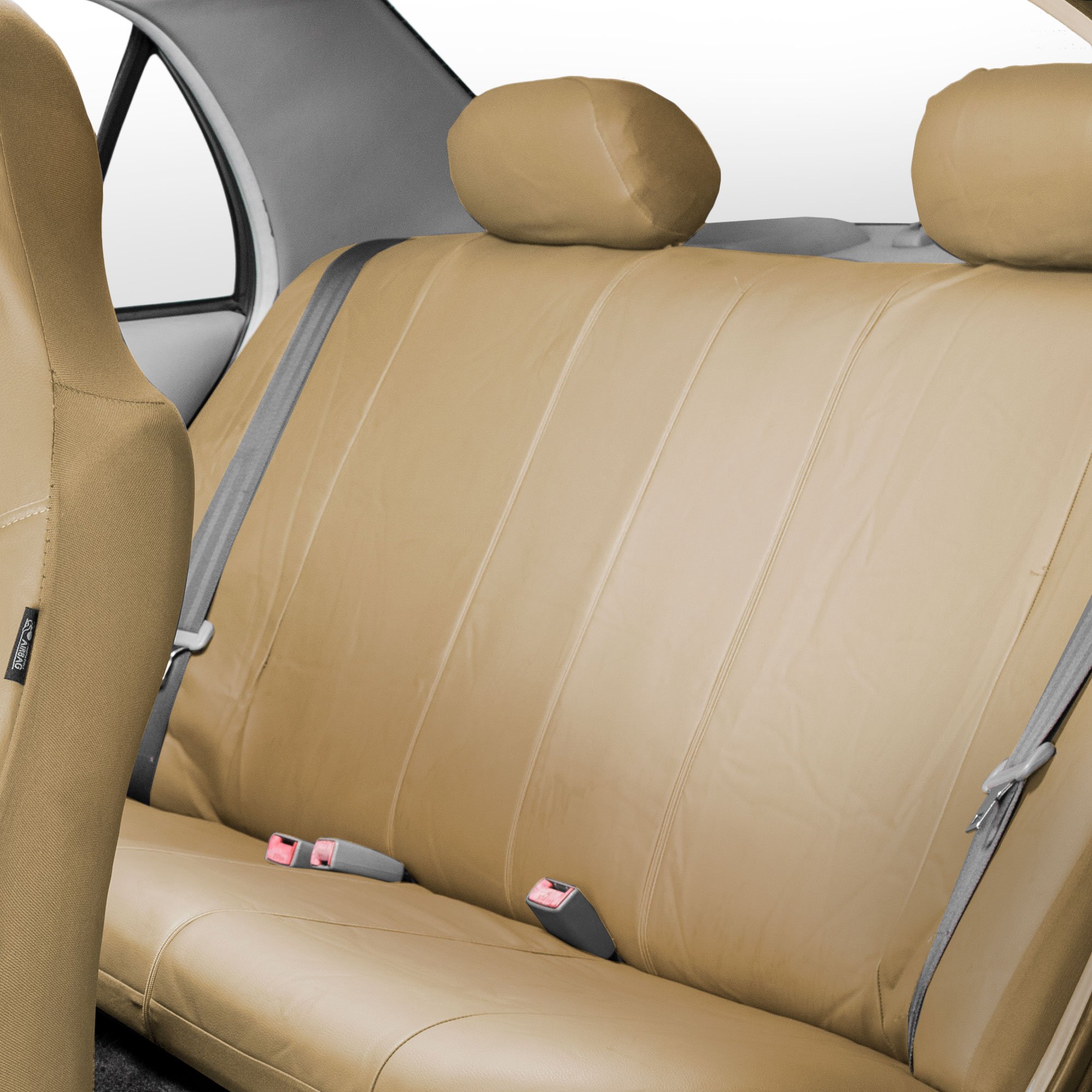 Premium FH Group Full Set PU Leather Car Seat Covers - Universal Fit for Most Vehicles, 1-Piece Front Seat Covers with Airbag Compatibility, Split Bench Rear Seat Cover for SUV/Truck, Solid Beige Color - Perfect for Daily Commute, Road Trips & Vehicle Protection