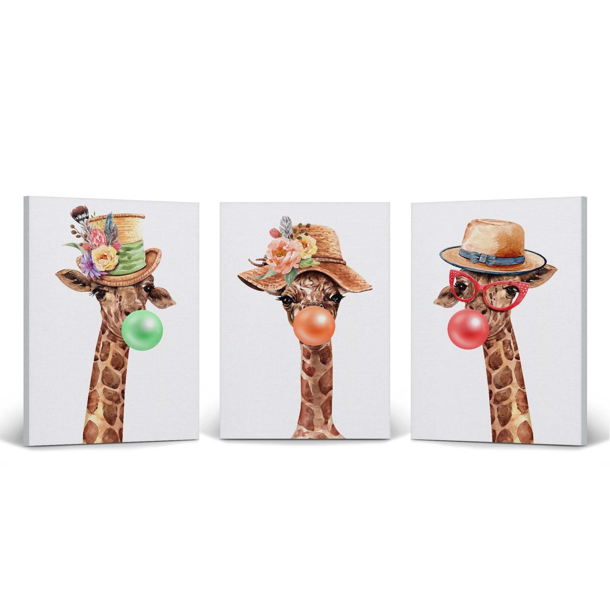 Giraffe with Hat Chewing Bubble Gum Canvas Wall Art Set - 3 Piece Animal Pop Art Prints for Living Room, Bedroom & Nursery Decor (17x11 inches) - Vibrant Kids Room Wall Decor, Unique Gift for Animal Lovers