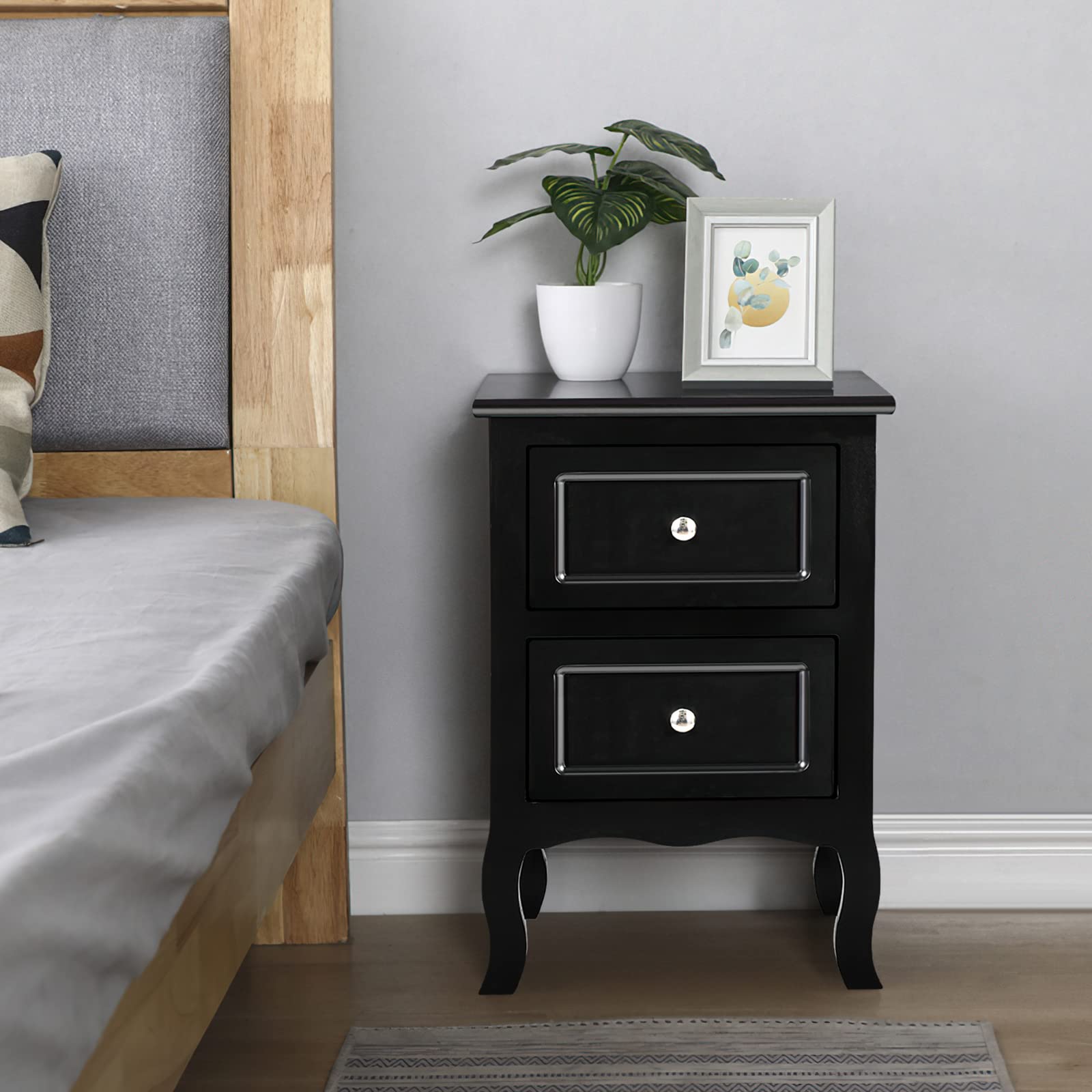 VERYKE Nightstand Set of 2 with 2 Drawers - Small Bedside Table with Metal Handles, Farmhouse Style Storage Cabinet for Bedroom, Living Room, Office - Perfect for Small Spaces & Home Organization (Black)