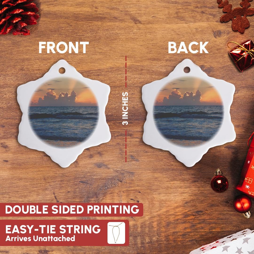 3-Inch Porcelain Snowflake Ornament - Tybee Island Beach at Sunrise, Georgia USA - Perfect for Christmas Tree Decor, Holiday Gifts & Coastal Home Decor