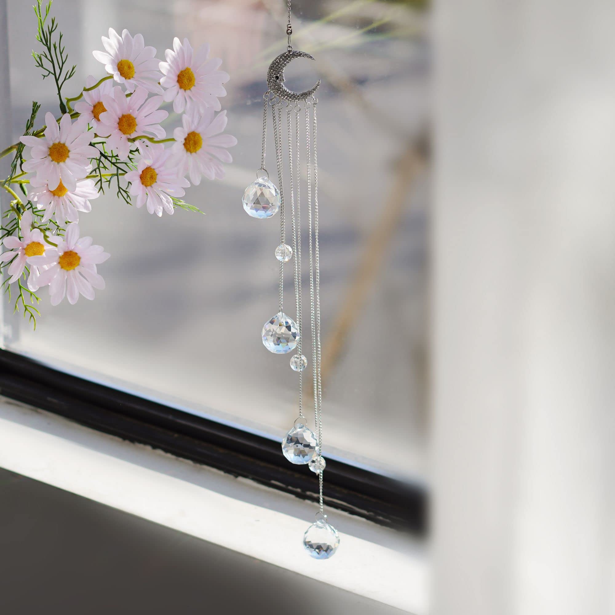 Clear Crystal Suncatcher Ornaments with Moon Decor - Rainbow Maker Crystal Beads Ball Prisms Pendant for Window, Garden & Home Decor - Creates Beautiful Rainbow Light Effects