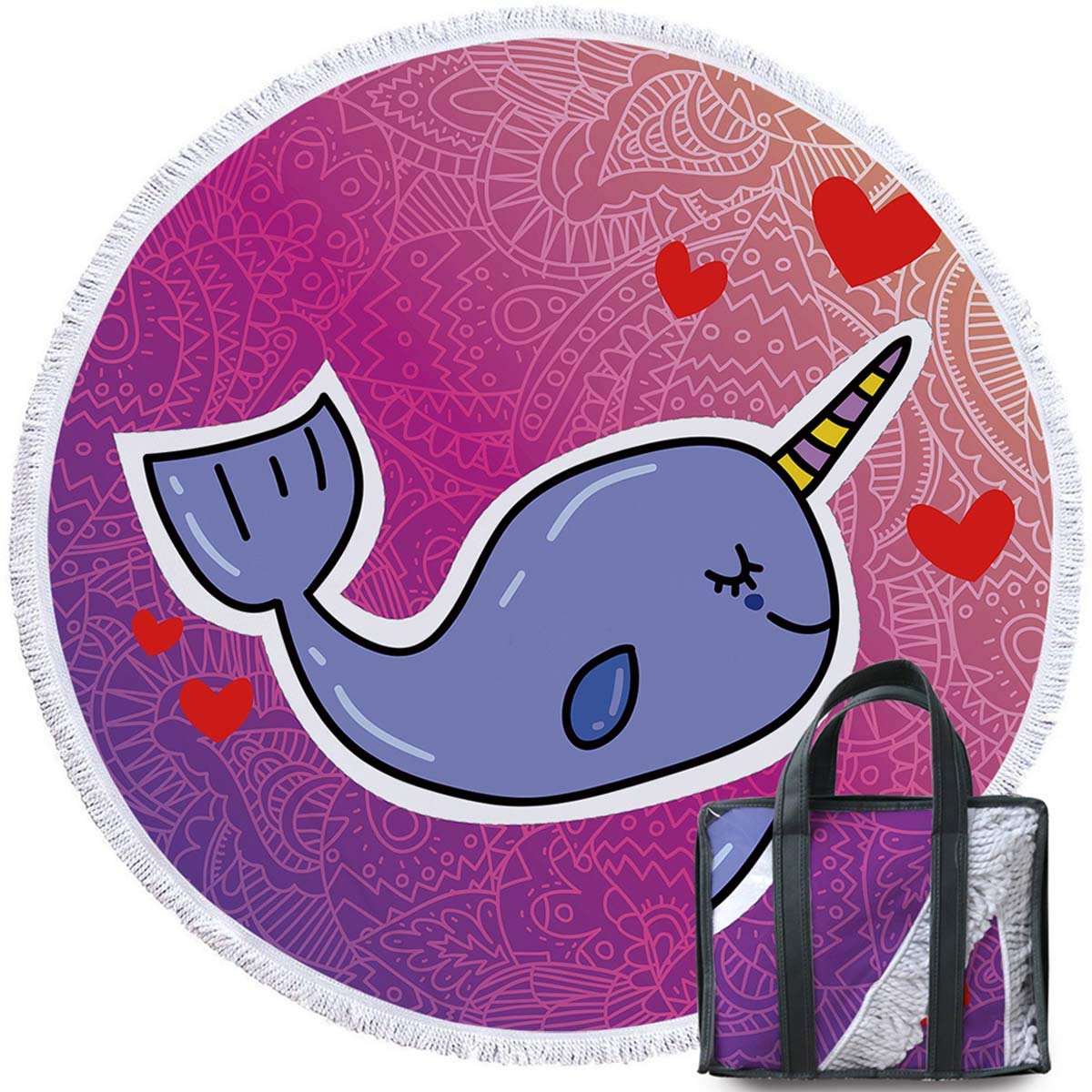 Sleepwish Narwhal Heart Funny Whale Fish Beach Towel - 60 Inch Round Pink Unicorn Blanket for Summer Vacation, Swimming Pool & Beach Outings