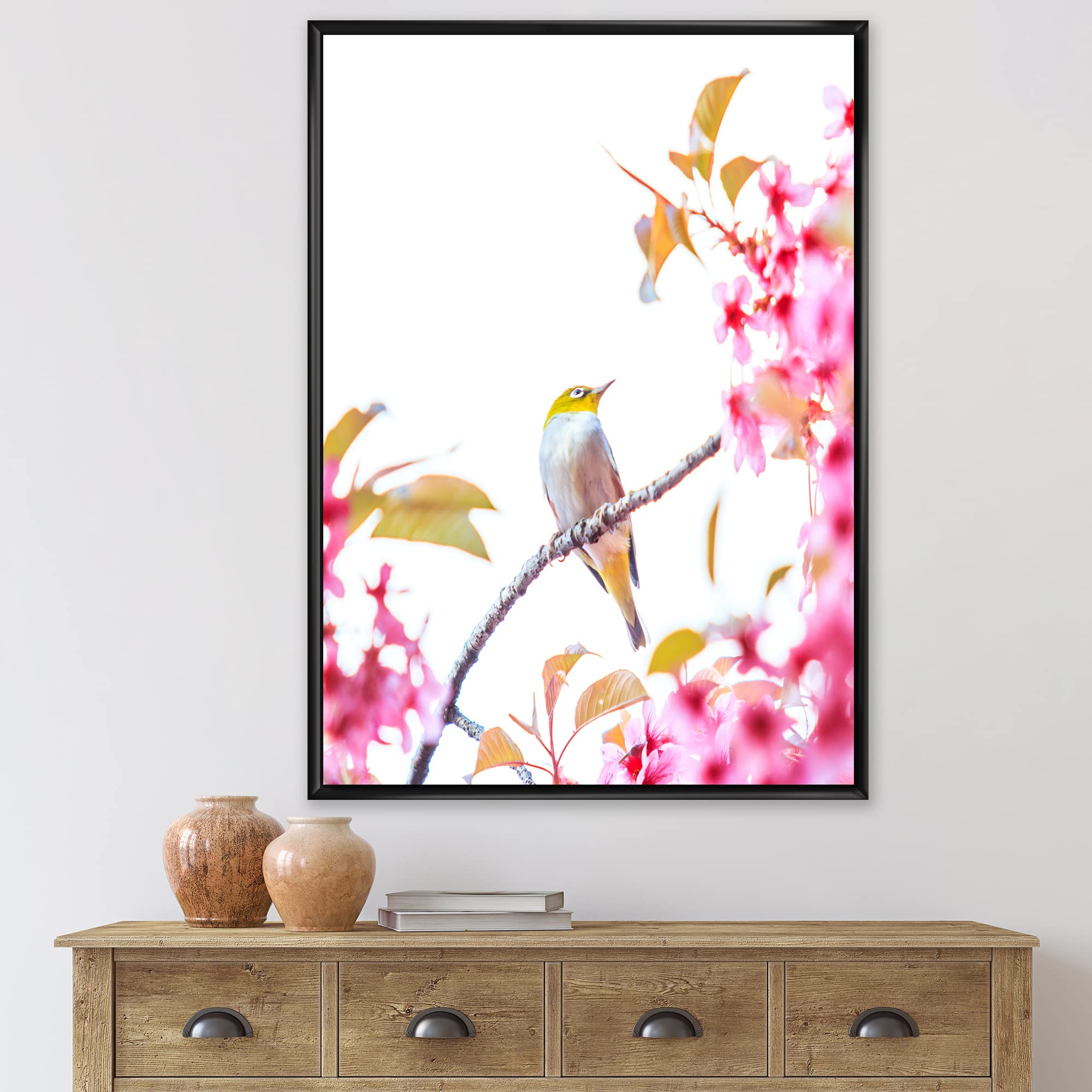 Bird on Cherry Blossom - Traditional Japanese Framed Canvas Wall Art Print - Perfect for Living Room, Bedroom & Office Decor